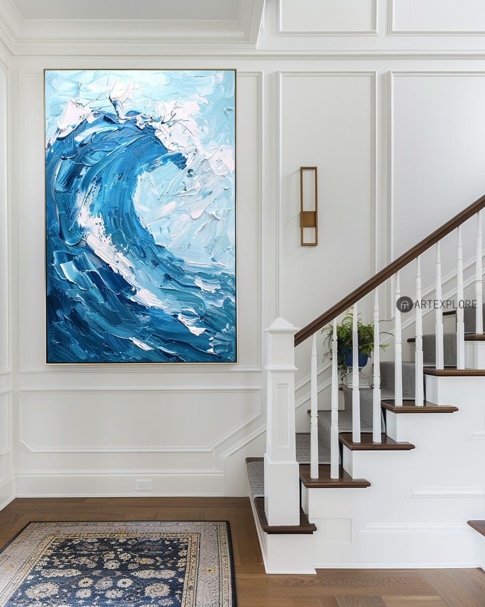 Crashing Ocean Surf Abstract Blue‑Tone Heavy Impasto Raised‑Texture Artwork