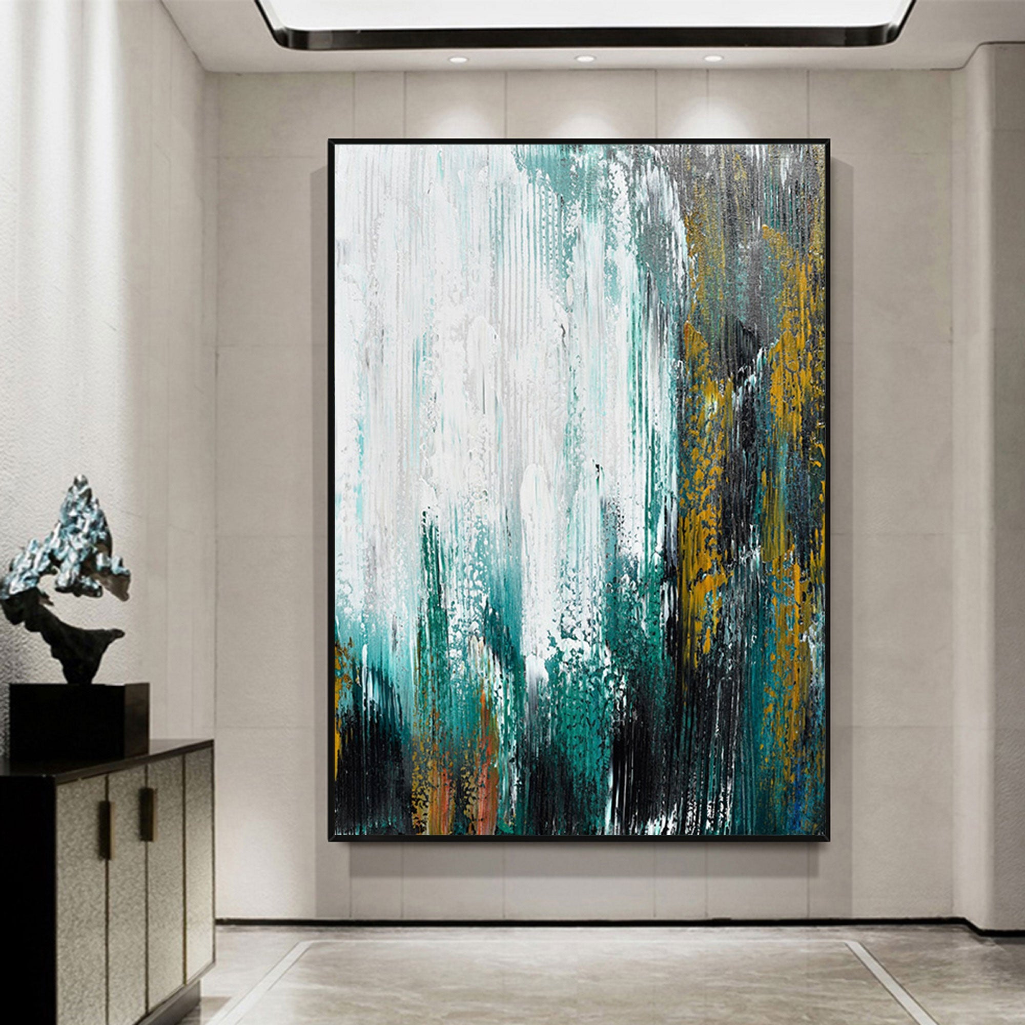 Large Contemporary Abstract Teal Gold White Textured Vertical Oil Painting on Linen Canvas