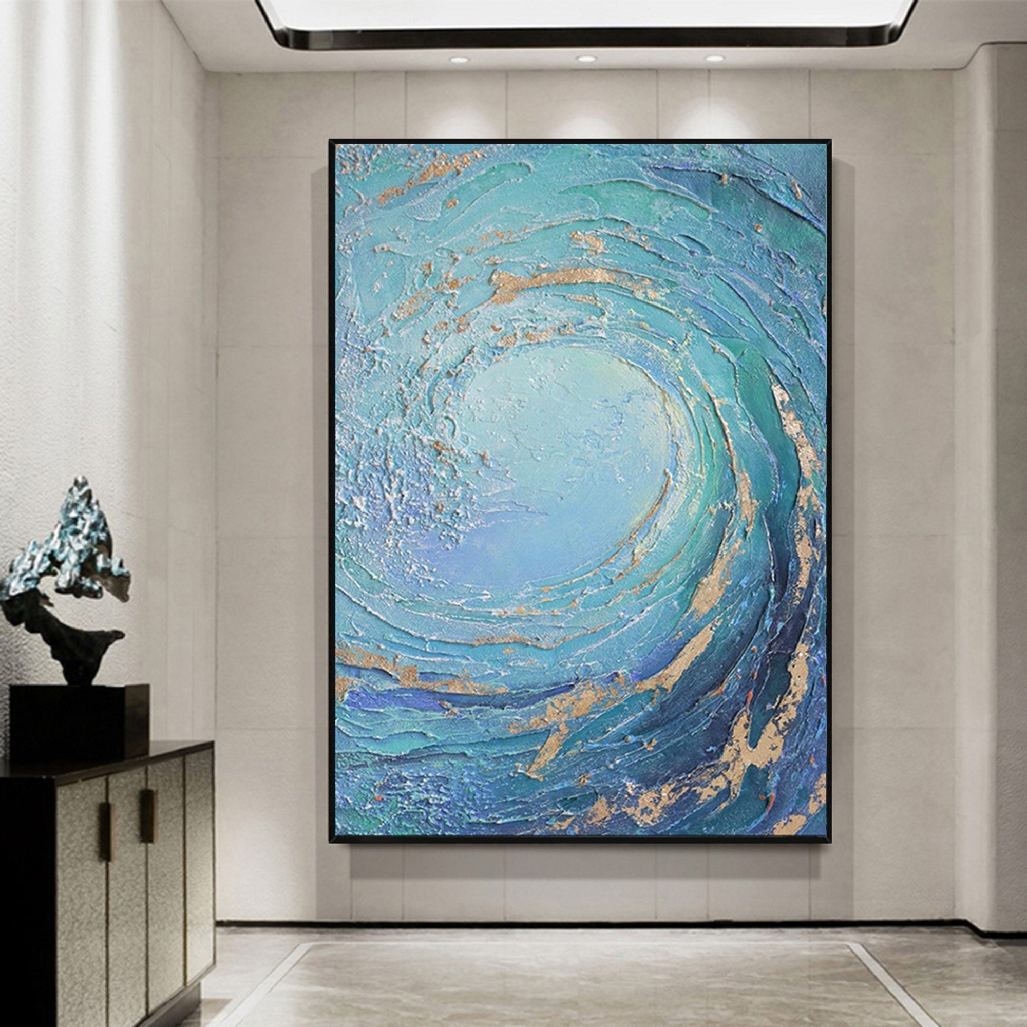 Ocean Wave Blue Gold Abstract Canvas Wall Art