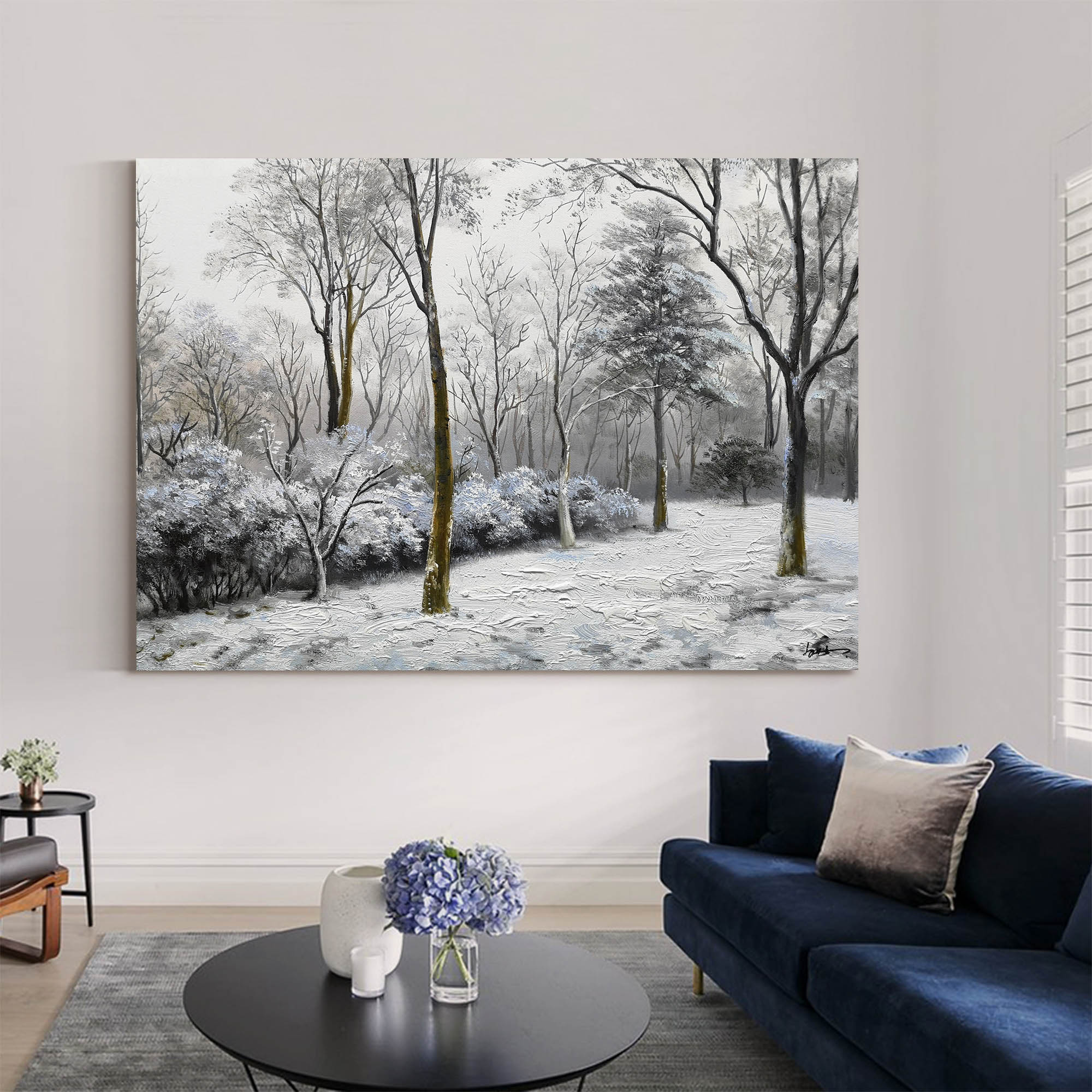 Wintry Snow‑Covered Forest Scene Muted‑Tone Peaceful Wall Art Piece