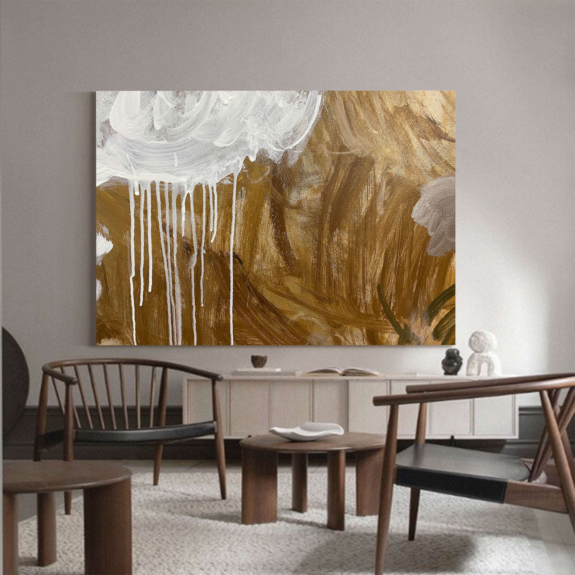 Luxury Golden Toned Dripping Paint Abstract Hanging Artwork