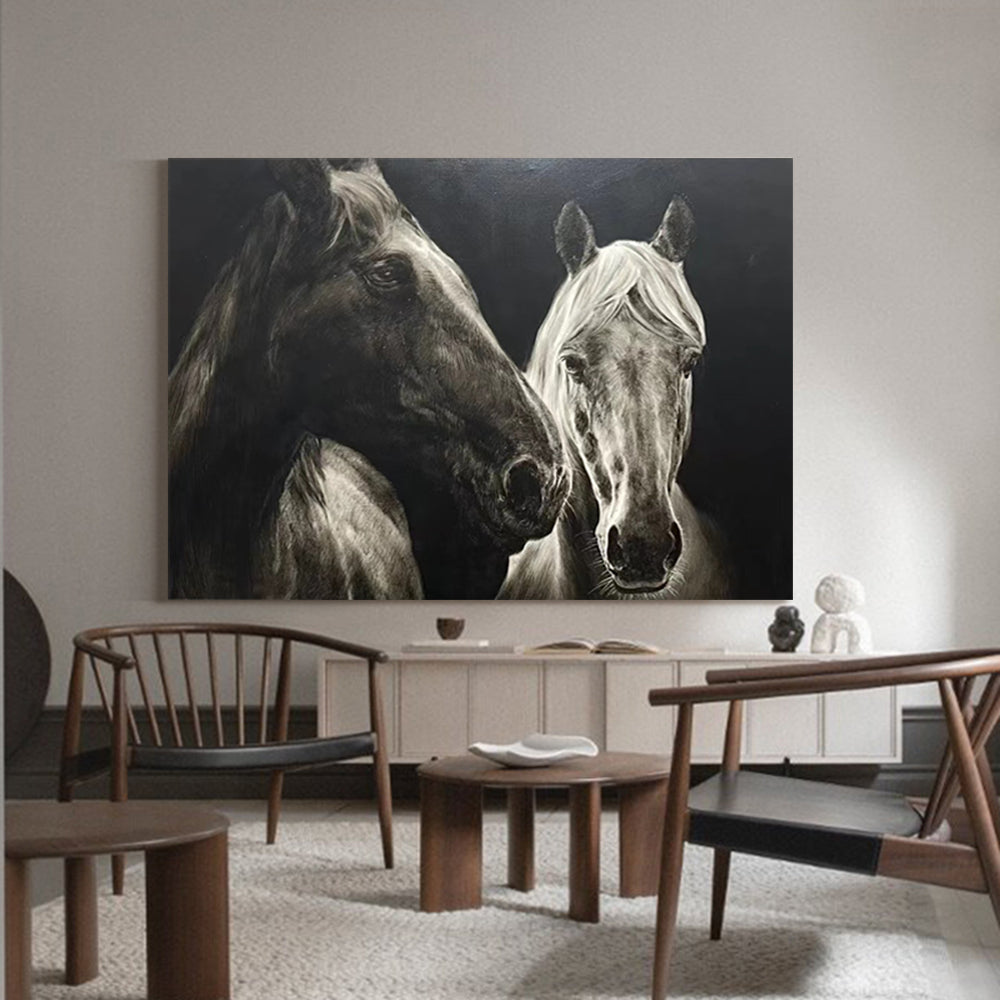 Black‑White Horizontal Dual‑Horse Textured‑Brush Artwork