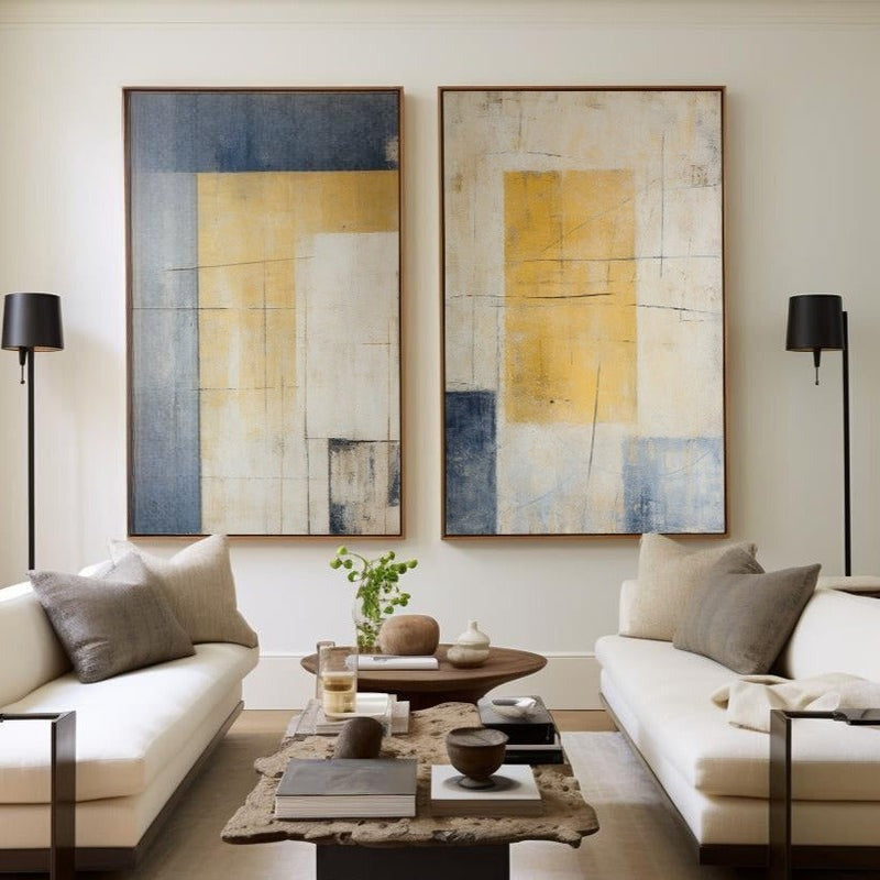 Diptych Yellow Blue Geometric Painting