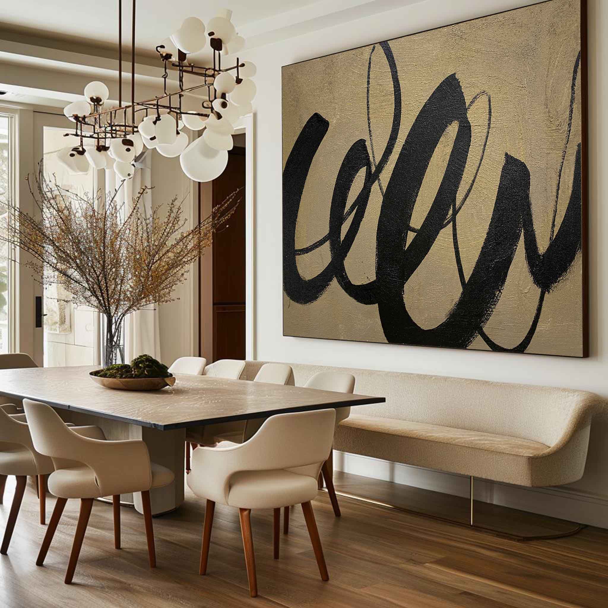 Gestural Calligraphic Abstract Unstretched Linen Canvas Wall Decoration