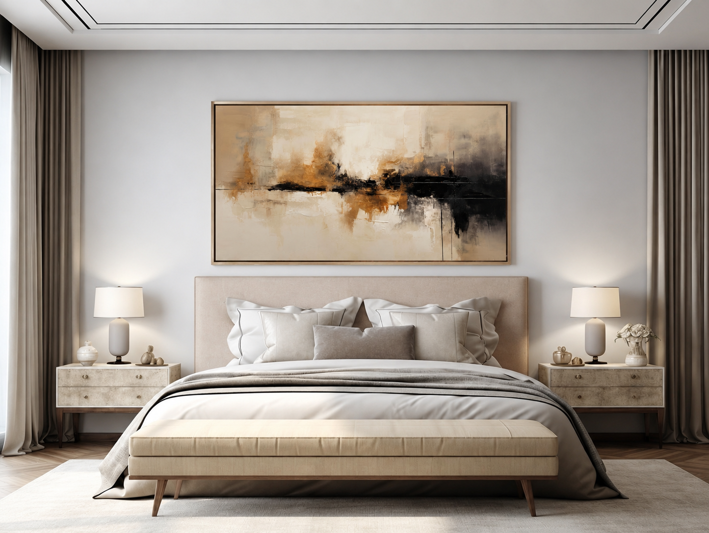Beige‑Black‑Gold Horizontal Abstract  Blended Brush‑Stroke Textured Artwork