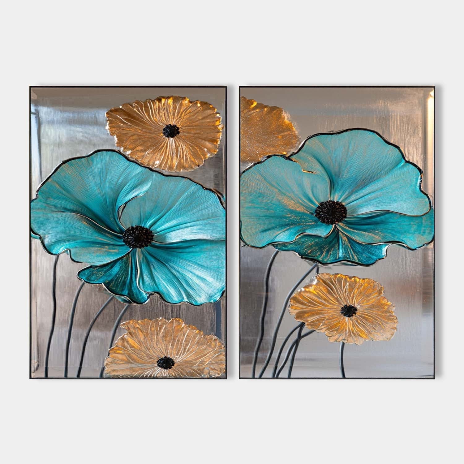 Teal and Gold Floral Canvas Wall Art Set