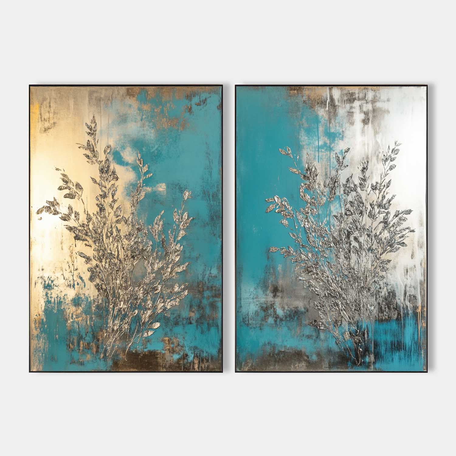 Teal Gold Abstract Diptych Textured Painting