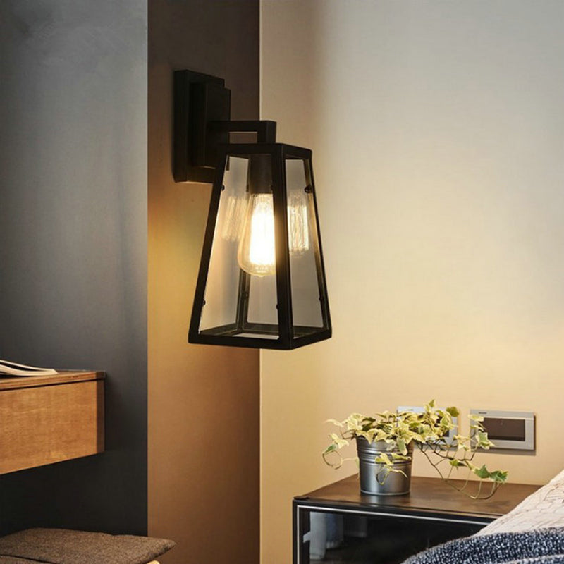 Austin Retro Black Industrial Lantern Wall Lamp, Metal & Glass - Neutralighting