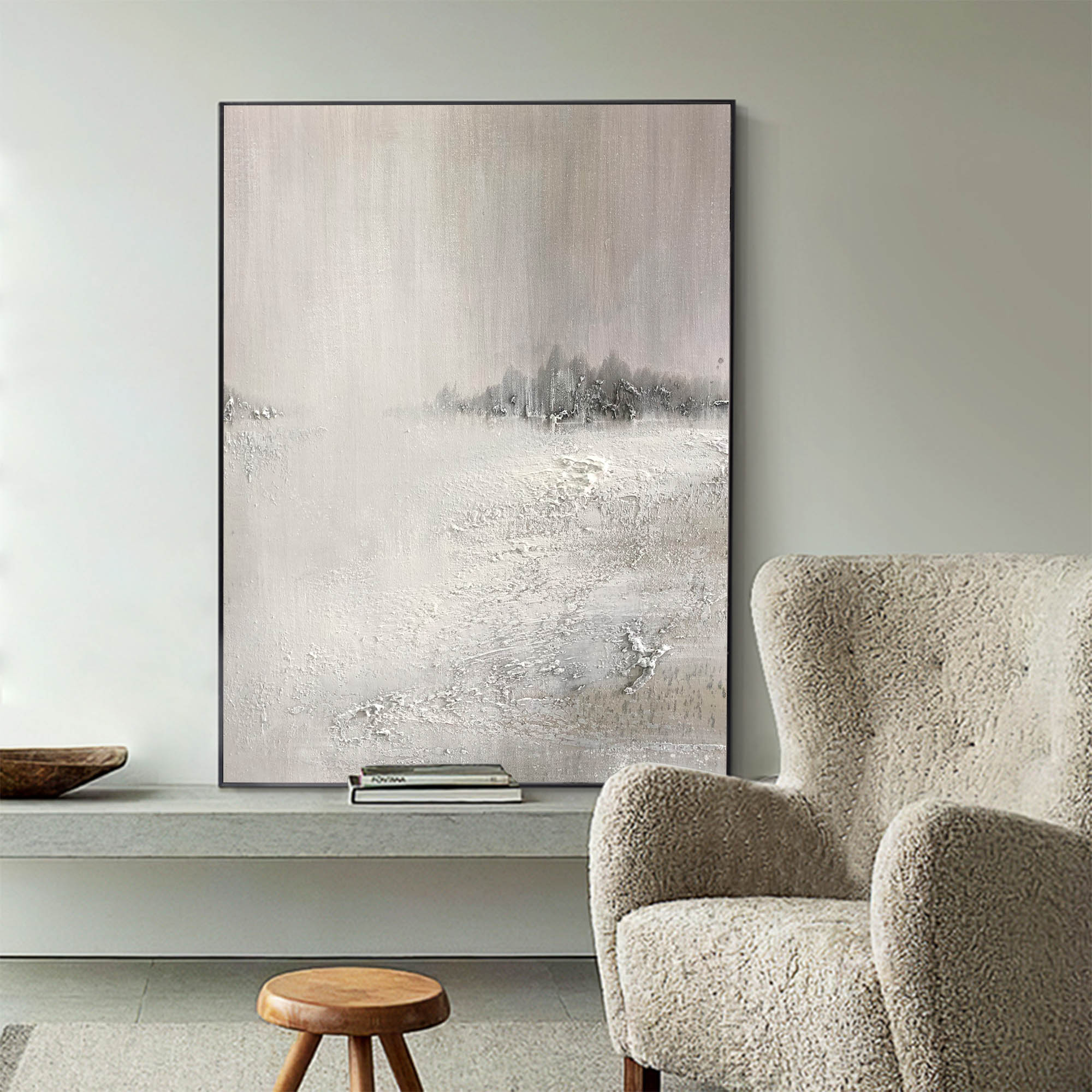 Grey‑Off‑White Vertical Mist‑Scenery Heavy‑Textured Artwork