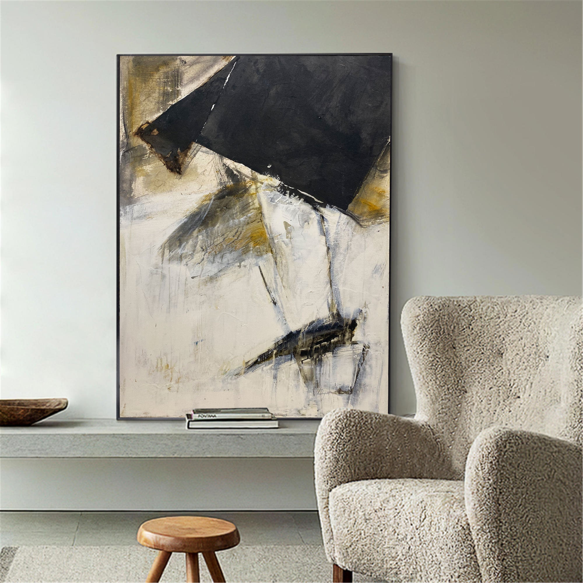 Black‑Gold Off‑White Vertical Geometric‑Fragment Impasto Artwork