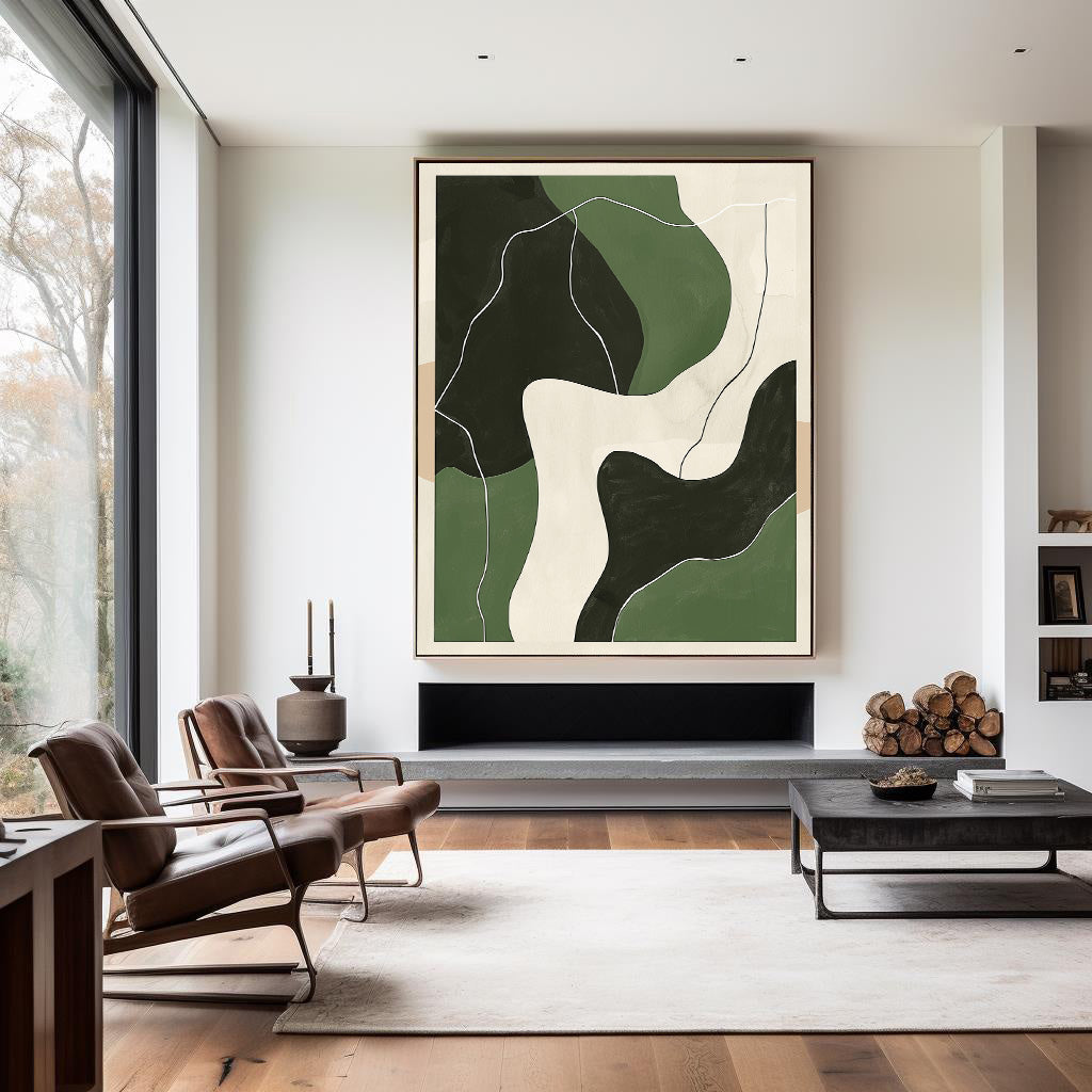Green‑Beige‑Black Curved Contour Abstract  Layered Impasto Textured Artwork