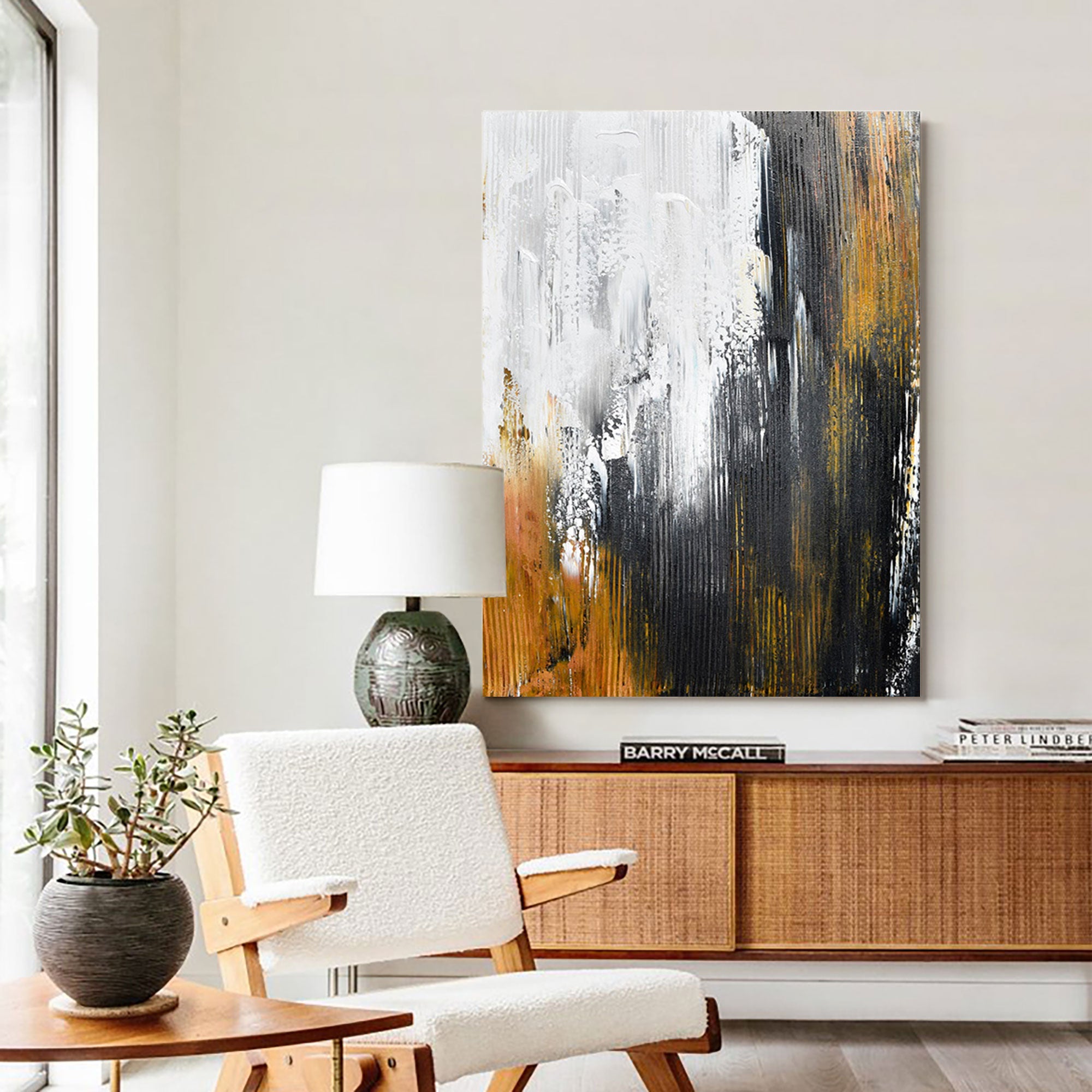 Large Contemporary Abstract Black Gold White Textured Vertical Oil Painting on Linen Canvas