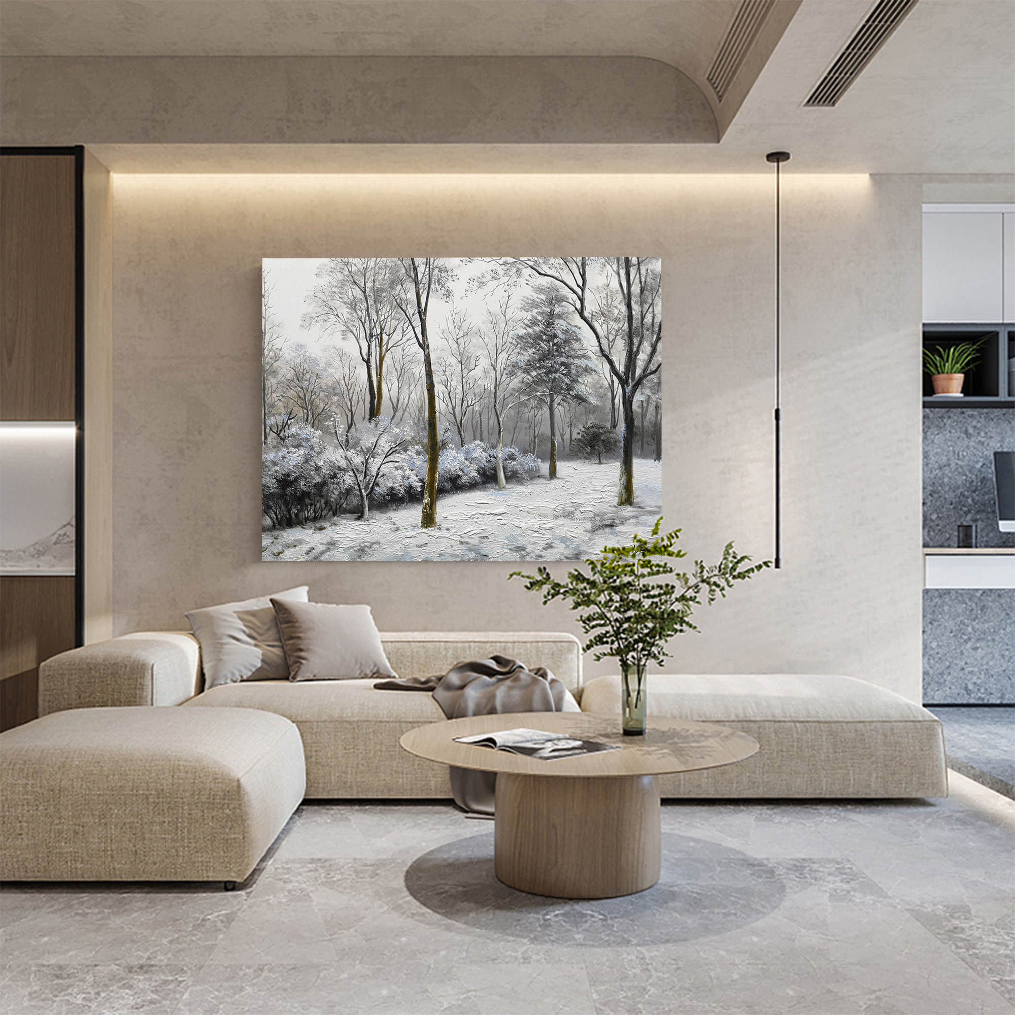 Wintry Snow‑Covered Forest Scene Muted‑Tone Peaceful Wall Art Piece