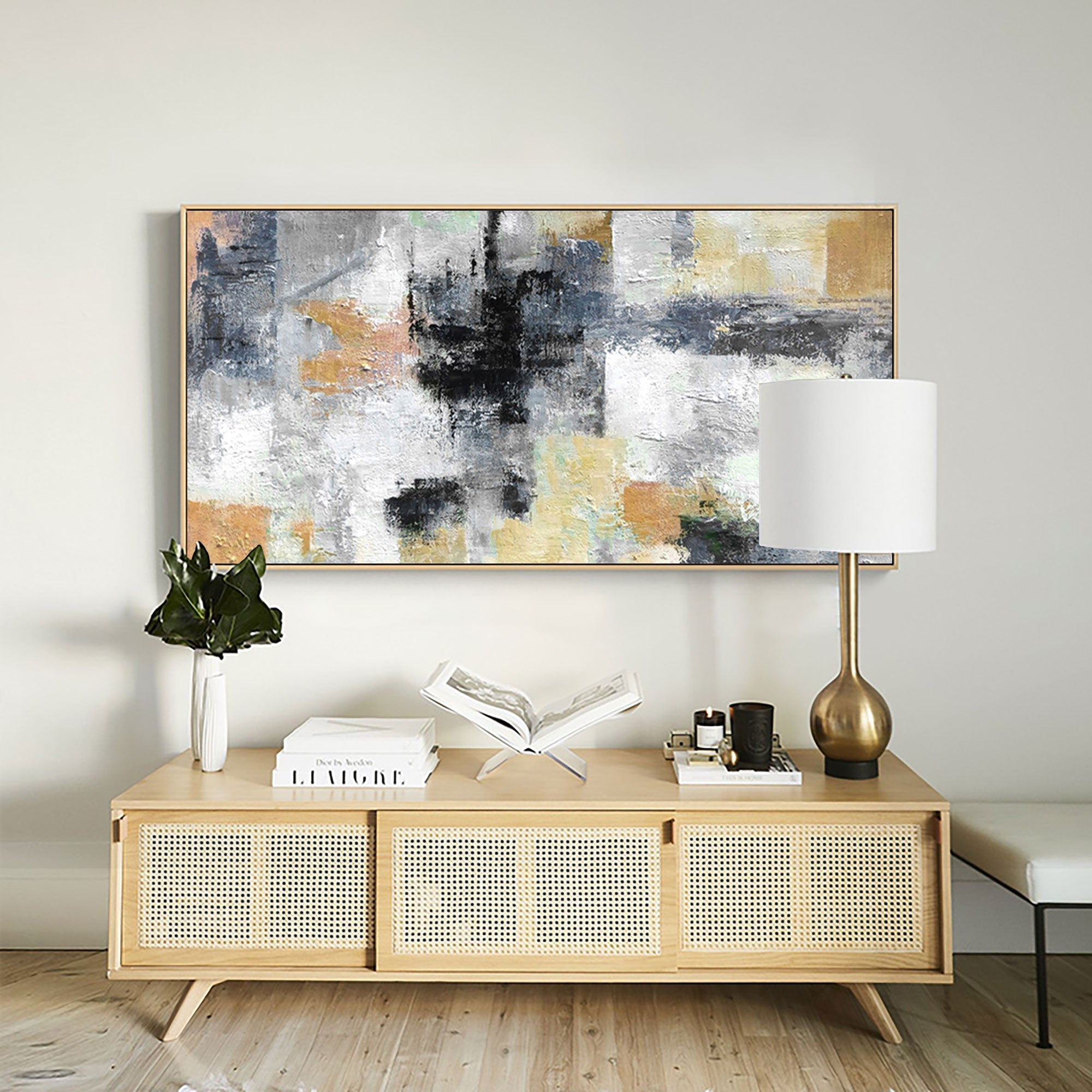 Abstract Black Gray Gold Textured Geometric Oil Acrylic Linen Canvas Painting