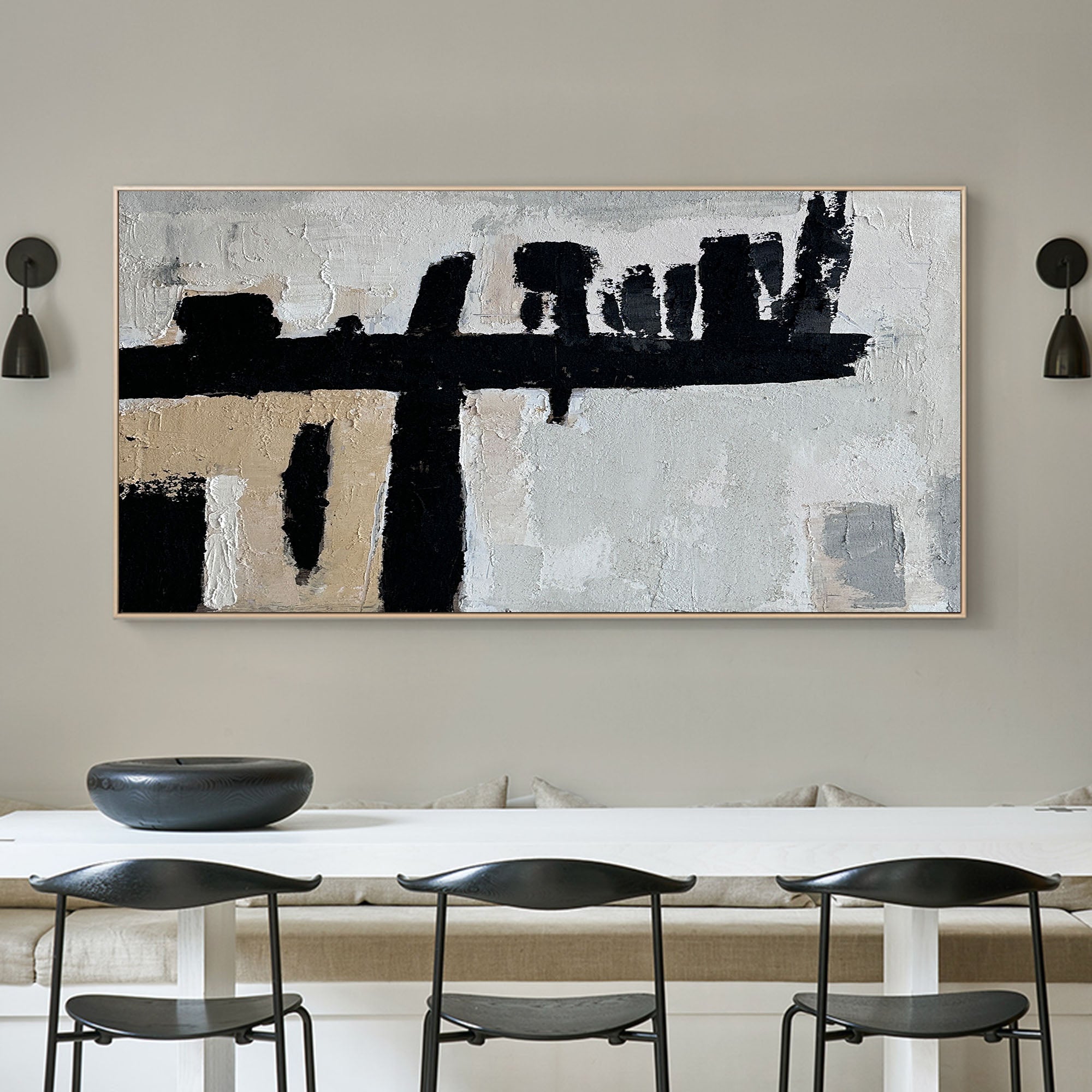 Black‑Beige Horizontal Bold‑Stroke Impasto‑Textured Artwork