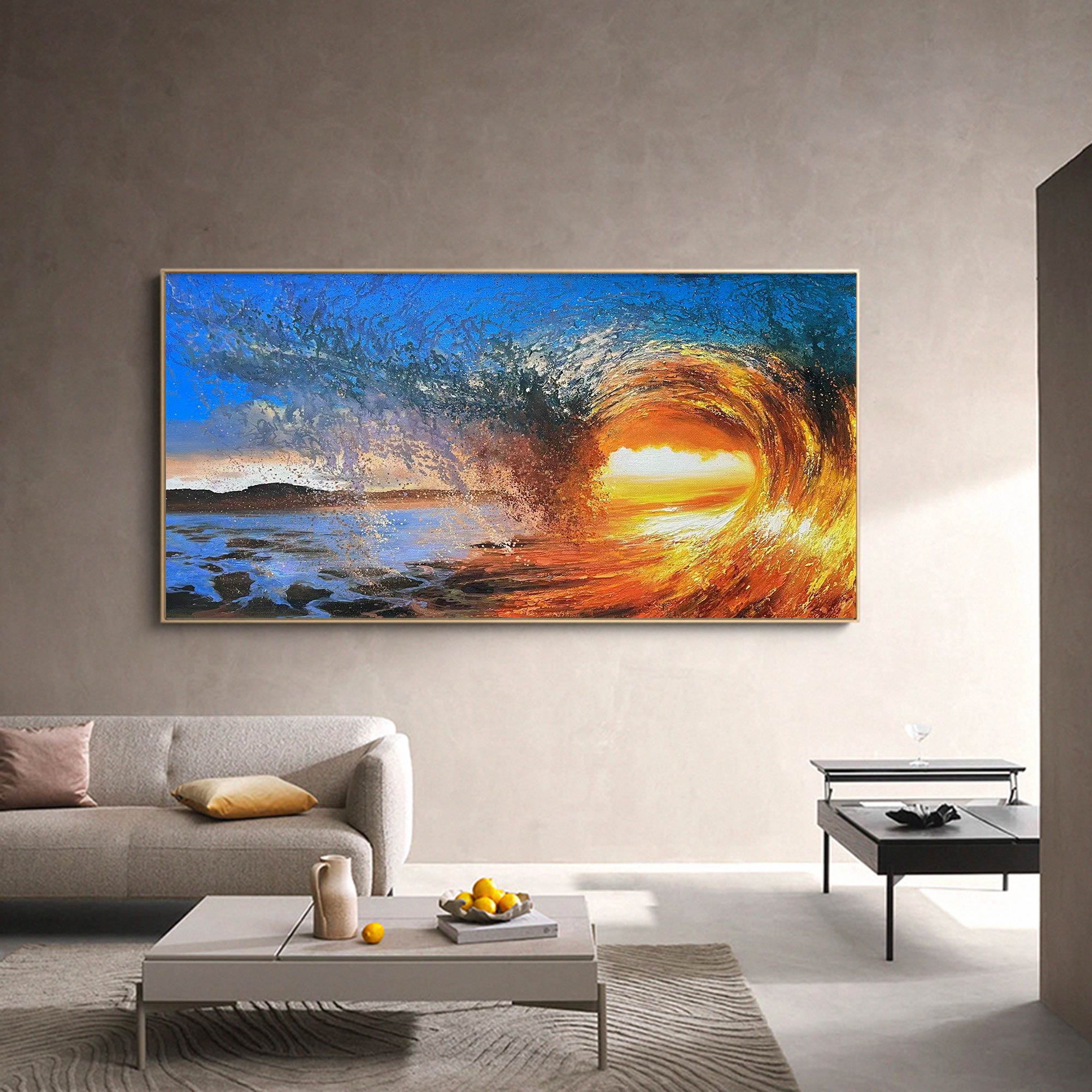 Abstract Golden Sunset Swirl Oil Acrylic Linen Canvas Painting