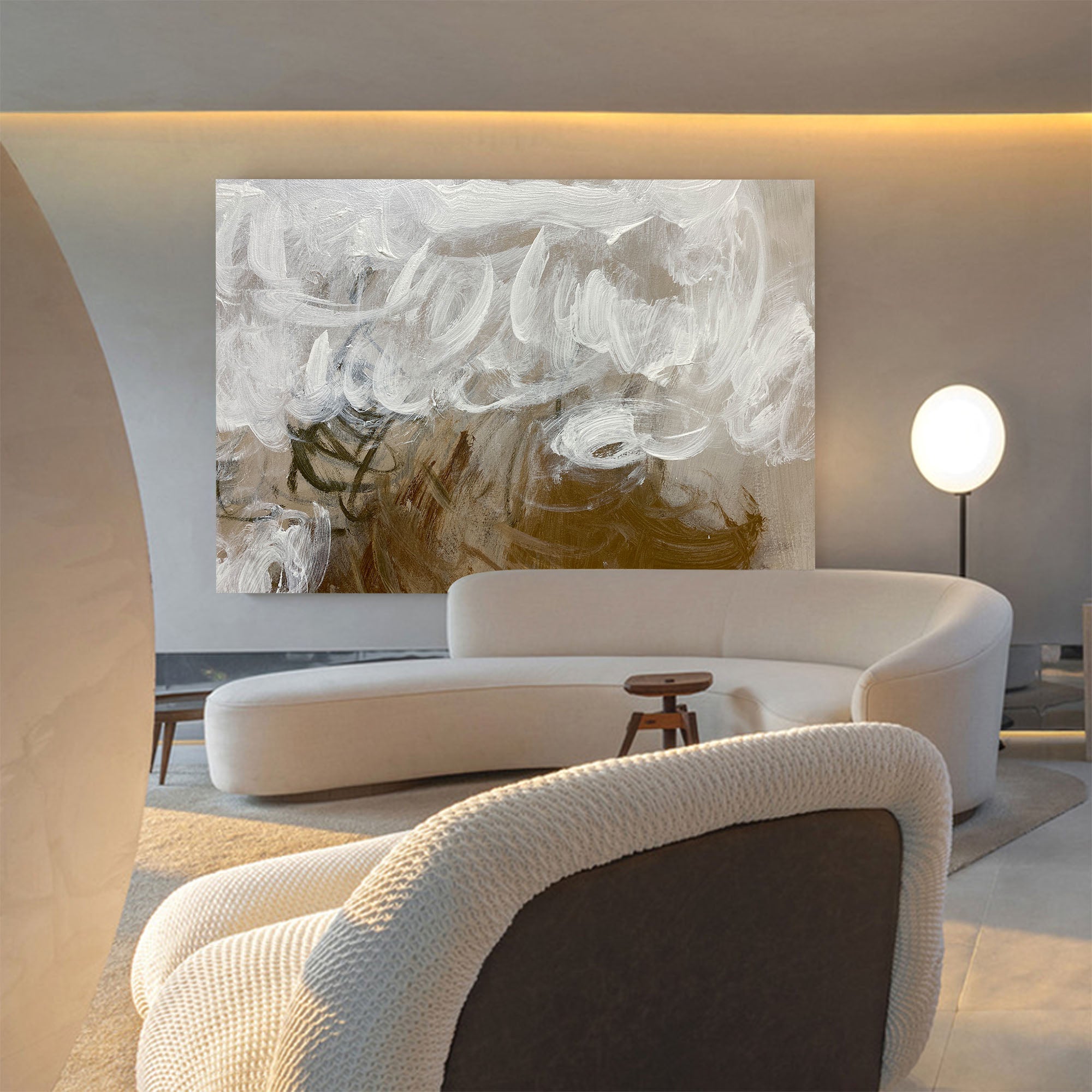 Thick Impasto Neutral Gold‑Tone Abstract Unstretched Linen Canvas Wall Art