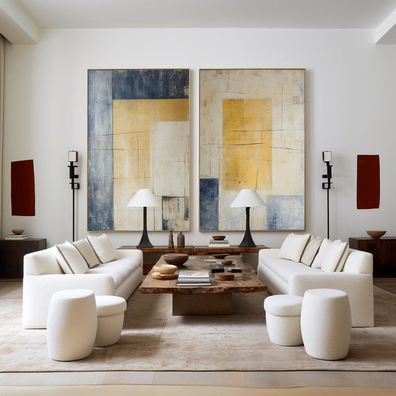 Diptych Yellow Blue Geometric Painting