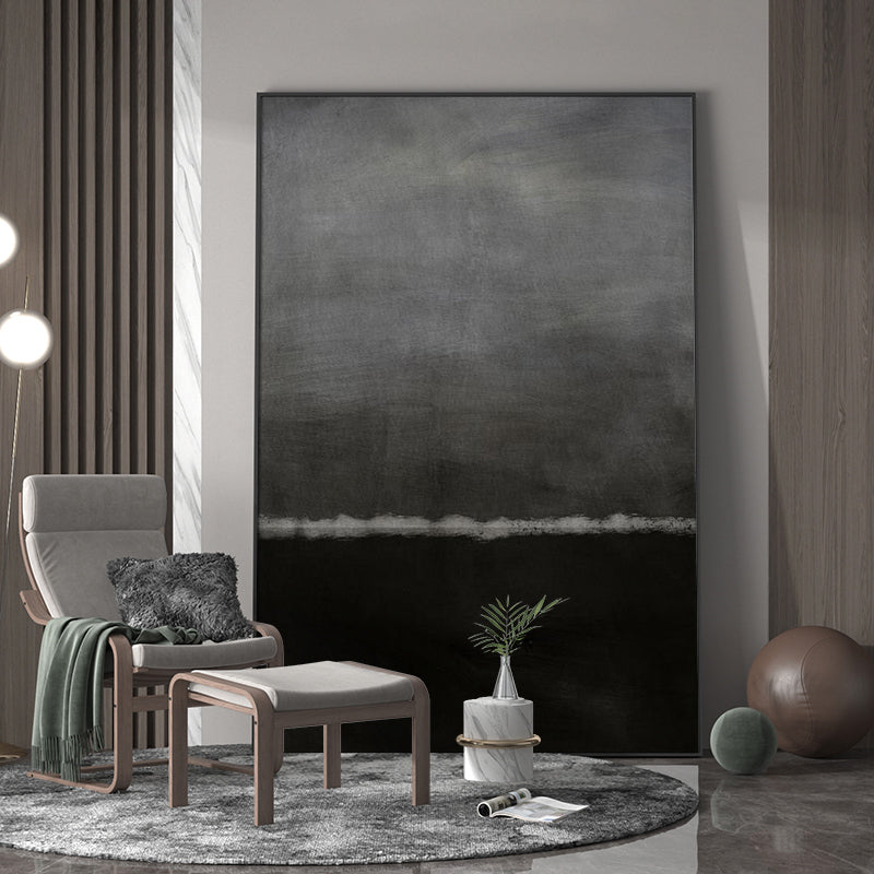 Abstract Black Gray Nocturnal Moonlit Horizon Oil Acrylic Linen Canvas Painting