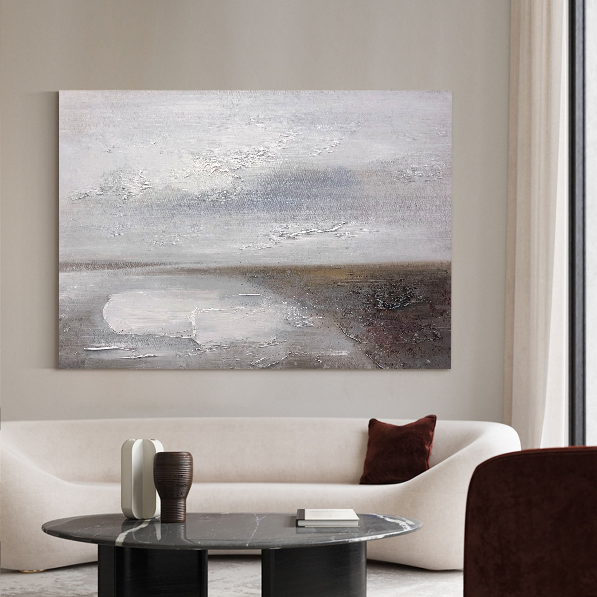 Grey‑Silver Horizontal Muted‑Seascape Impasto‑Textured Artwork