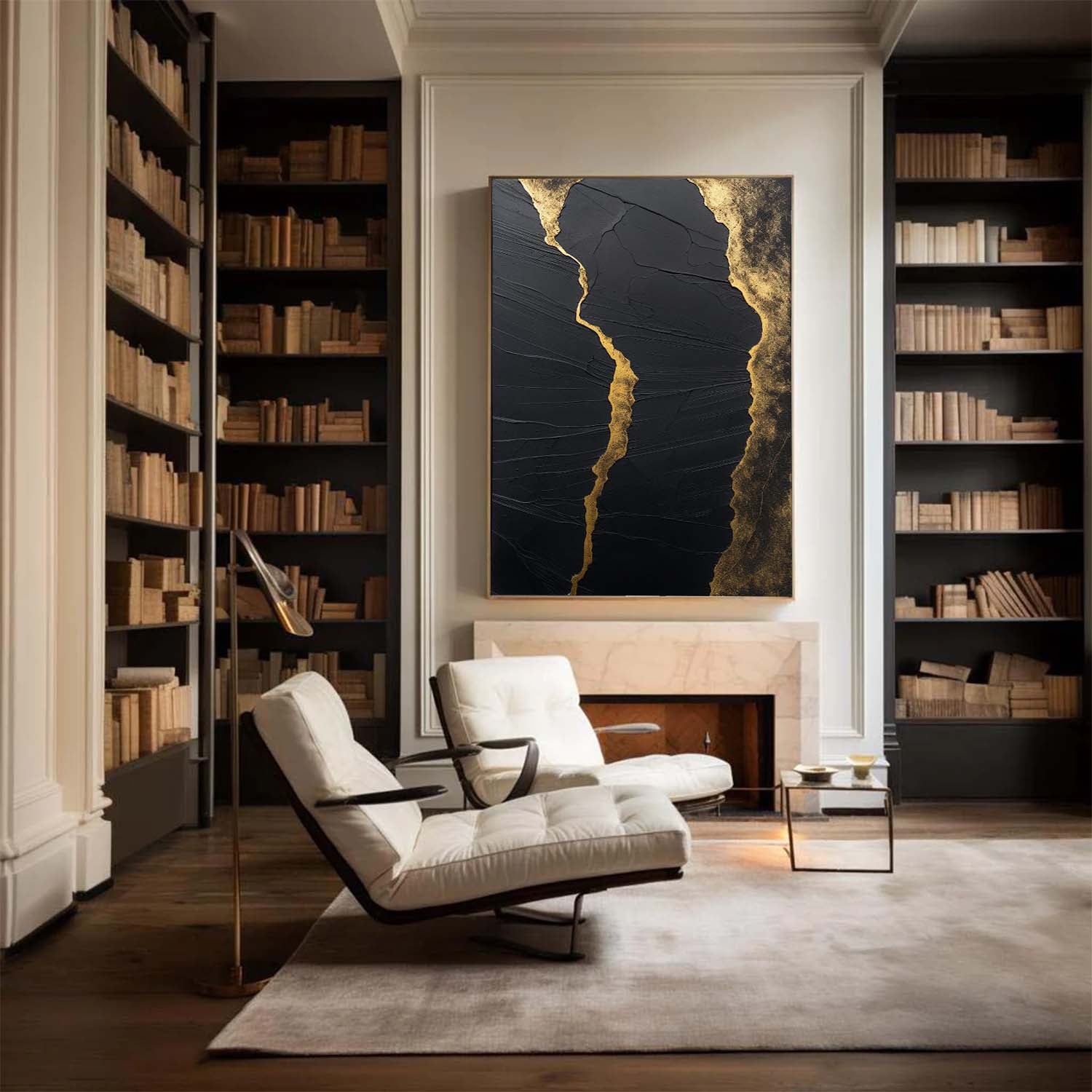 Luxury Black‑Gold Vein Abstract Heavy Impasto Metallic Textured Artwork