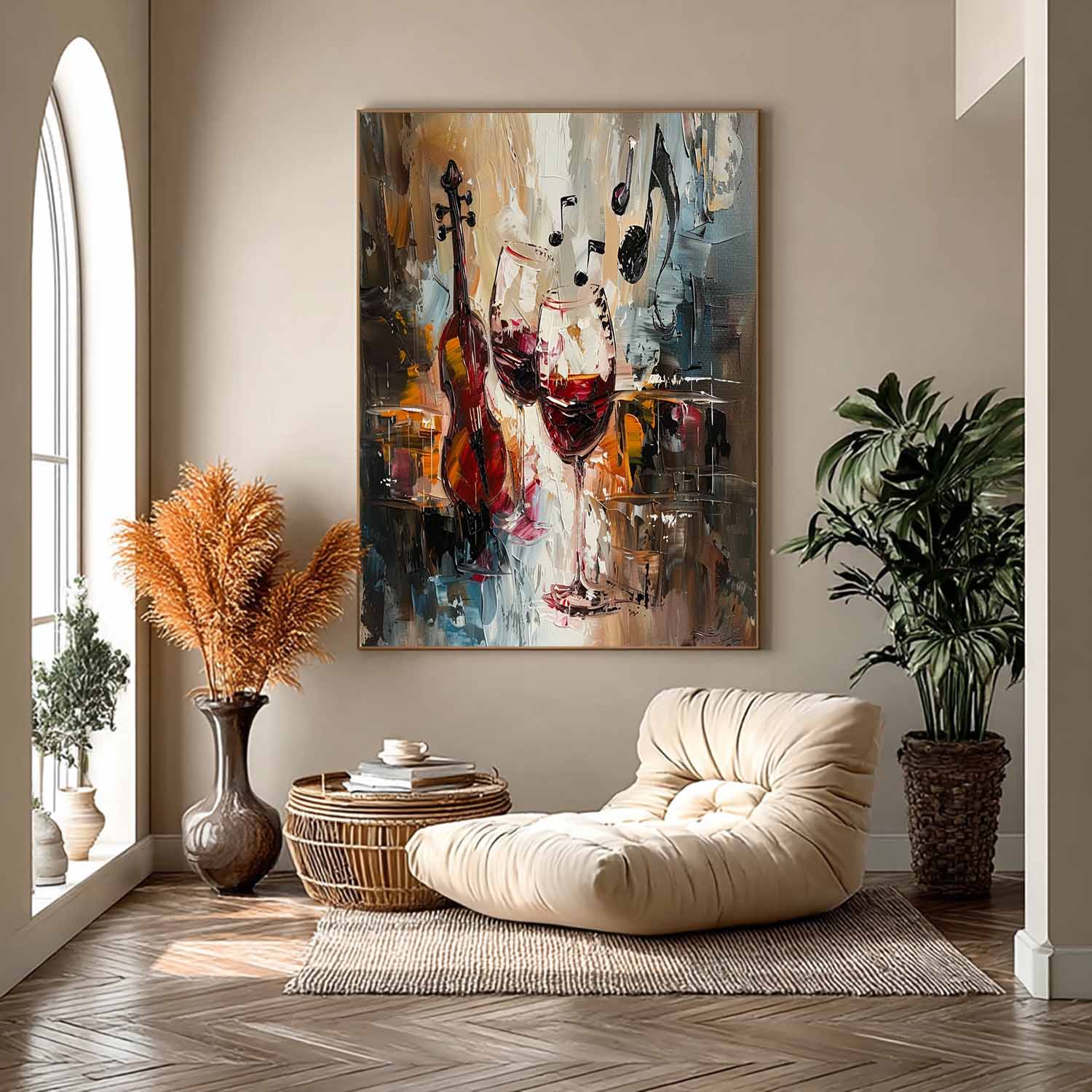 Wall Art Violin Wine Glass Music Note Impasto
