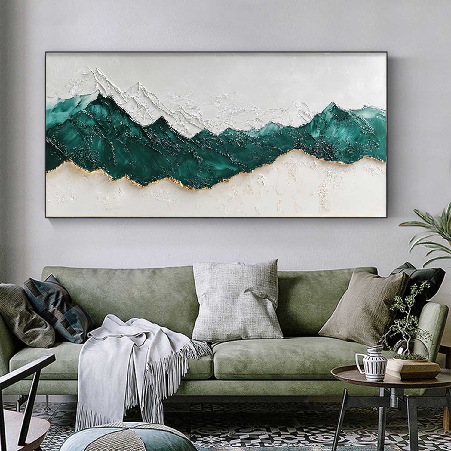 Teal Alpine Peaks Textured Painting