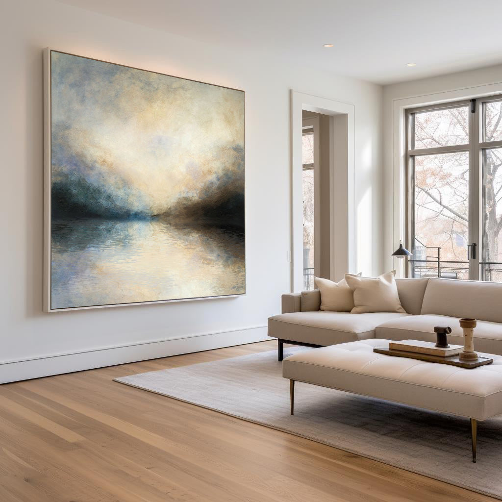 Gold‑Teal‑Grey Square Mist‑Landscape Blended‑Tone Artwor