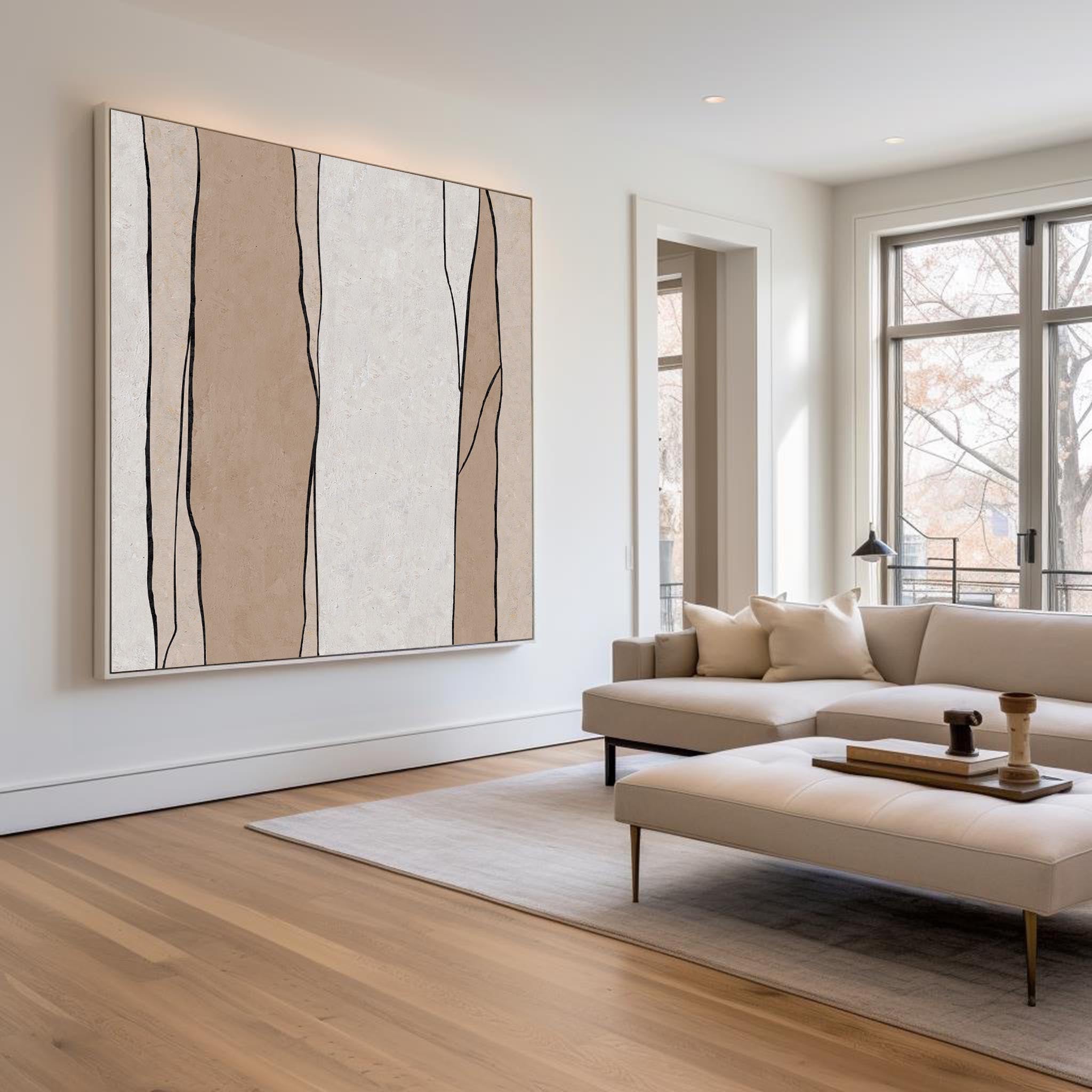Minimalist Beige Black Line Pattern Painting
