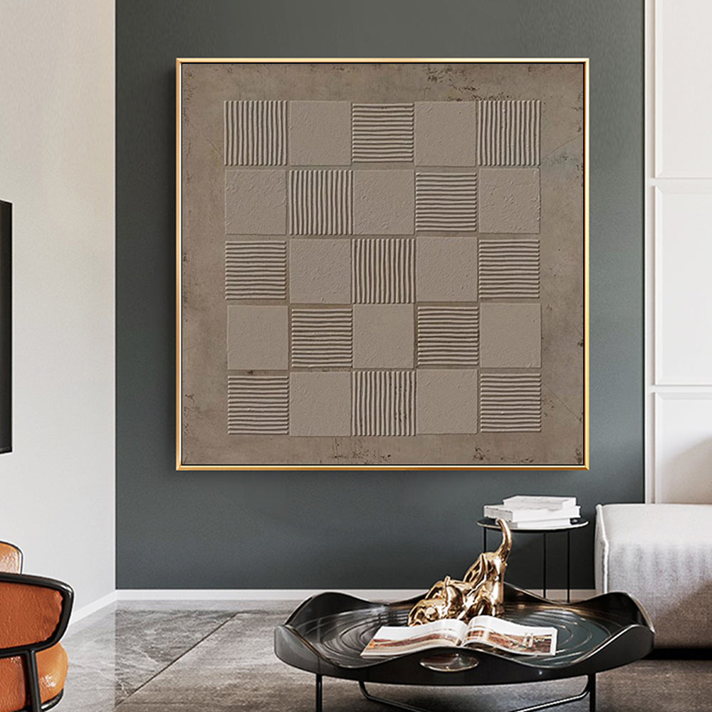 Beige‑Taupe Square Grid‑Line Raised‑Textured Artwork