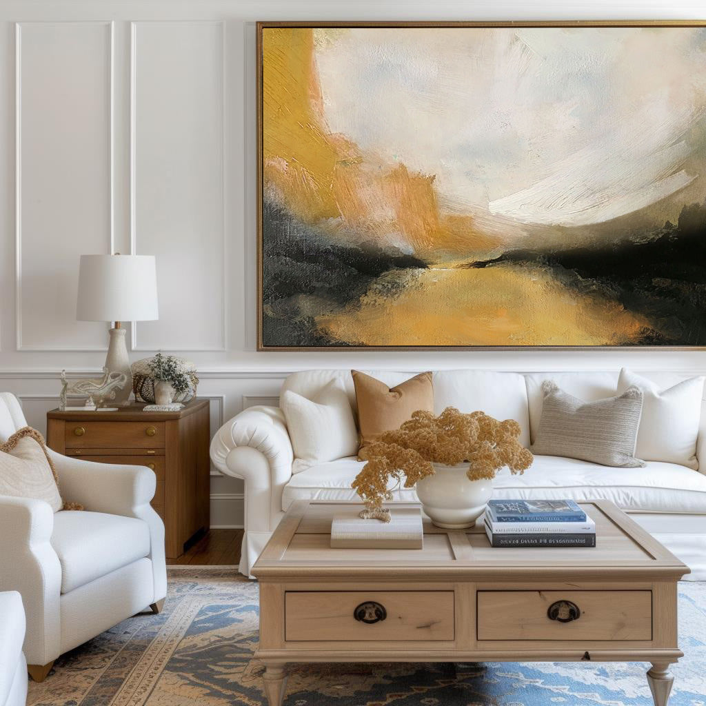 Contemporary Landscape Gold Black White Abstract Painting
