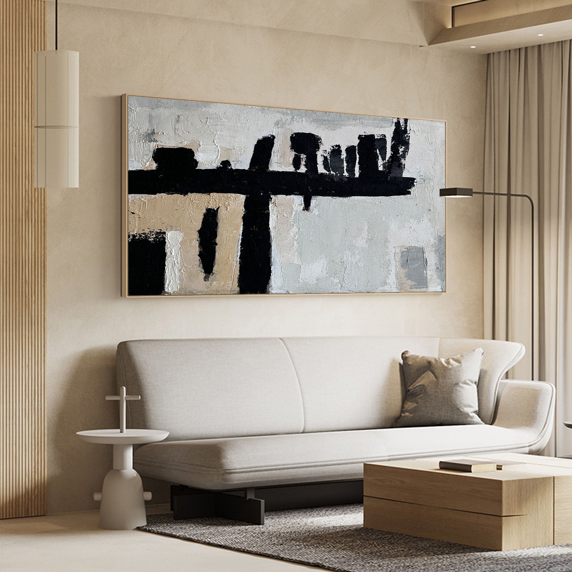 Black‑Beige Horizontal Bold‑Stroke Impasto‑Textured Artwork