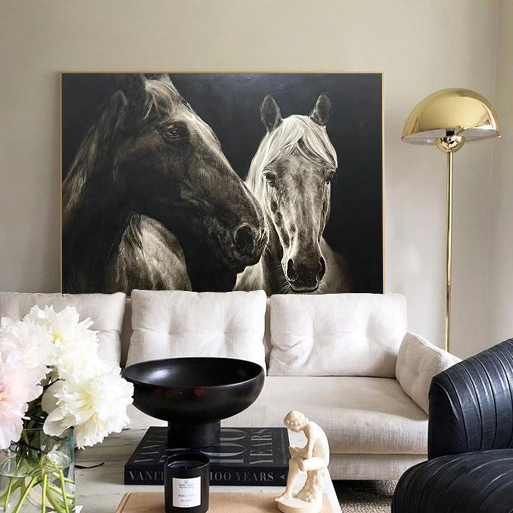 Black‑White Horizontal Dual‑Horse Textured‑Brush Artwork