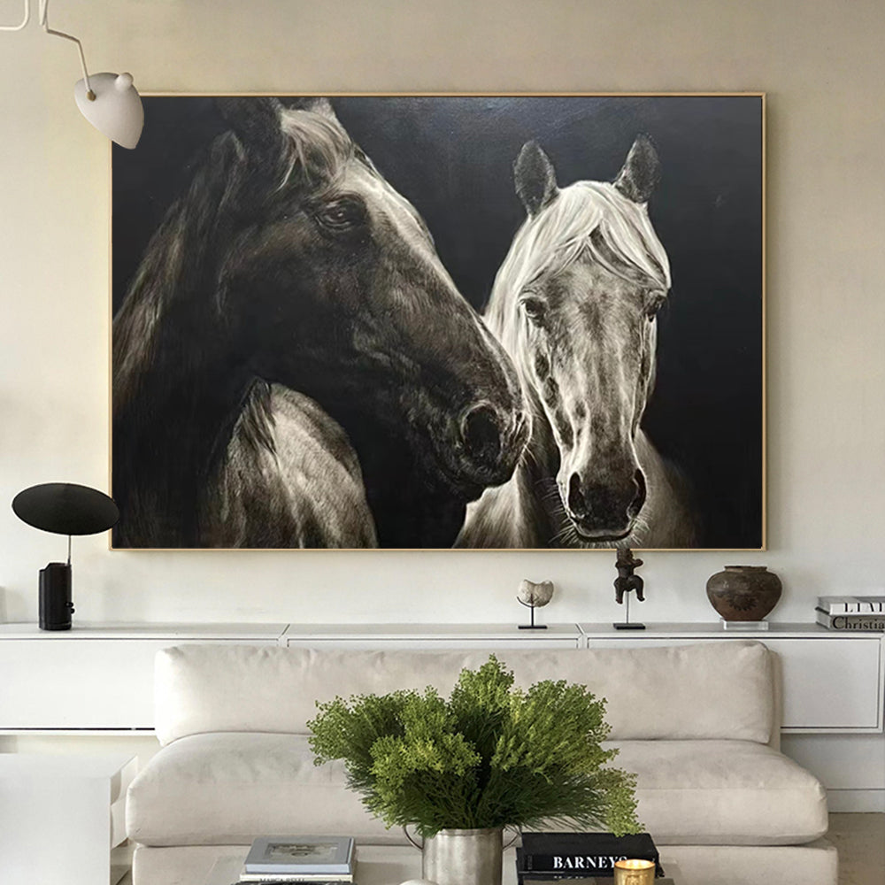 Black‑White Horizontal Dual‑Horse Textured‑Brush Artwork