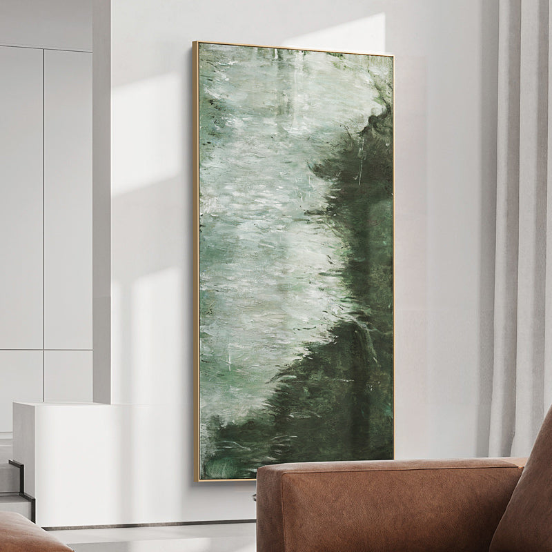 Deep‑Green Vertical Marble‑Wash Layer‑Textured Framed Artwork