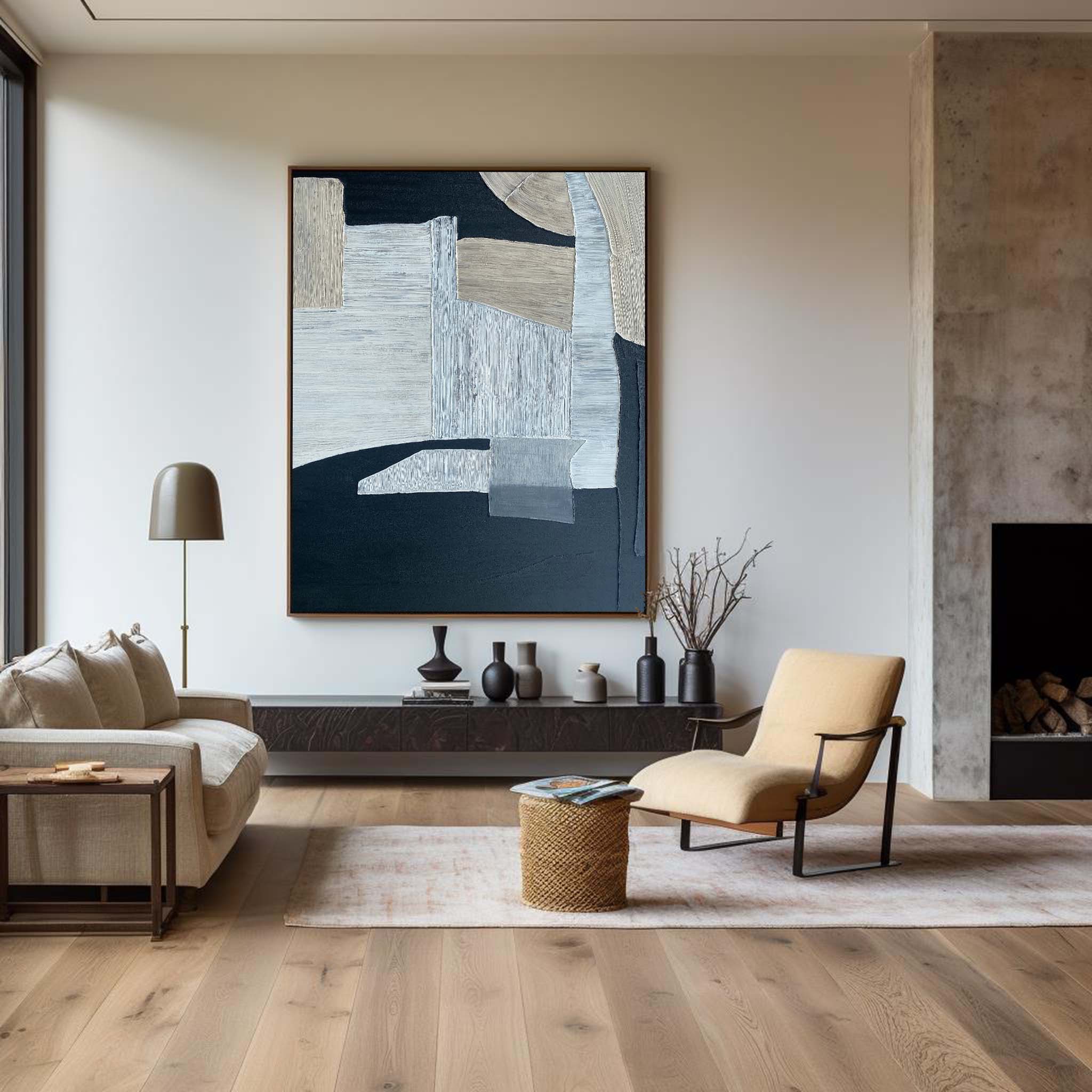 Navy‑Beige‑Grey Vertical Patch‑Block Impasto‑Textured Artwork