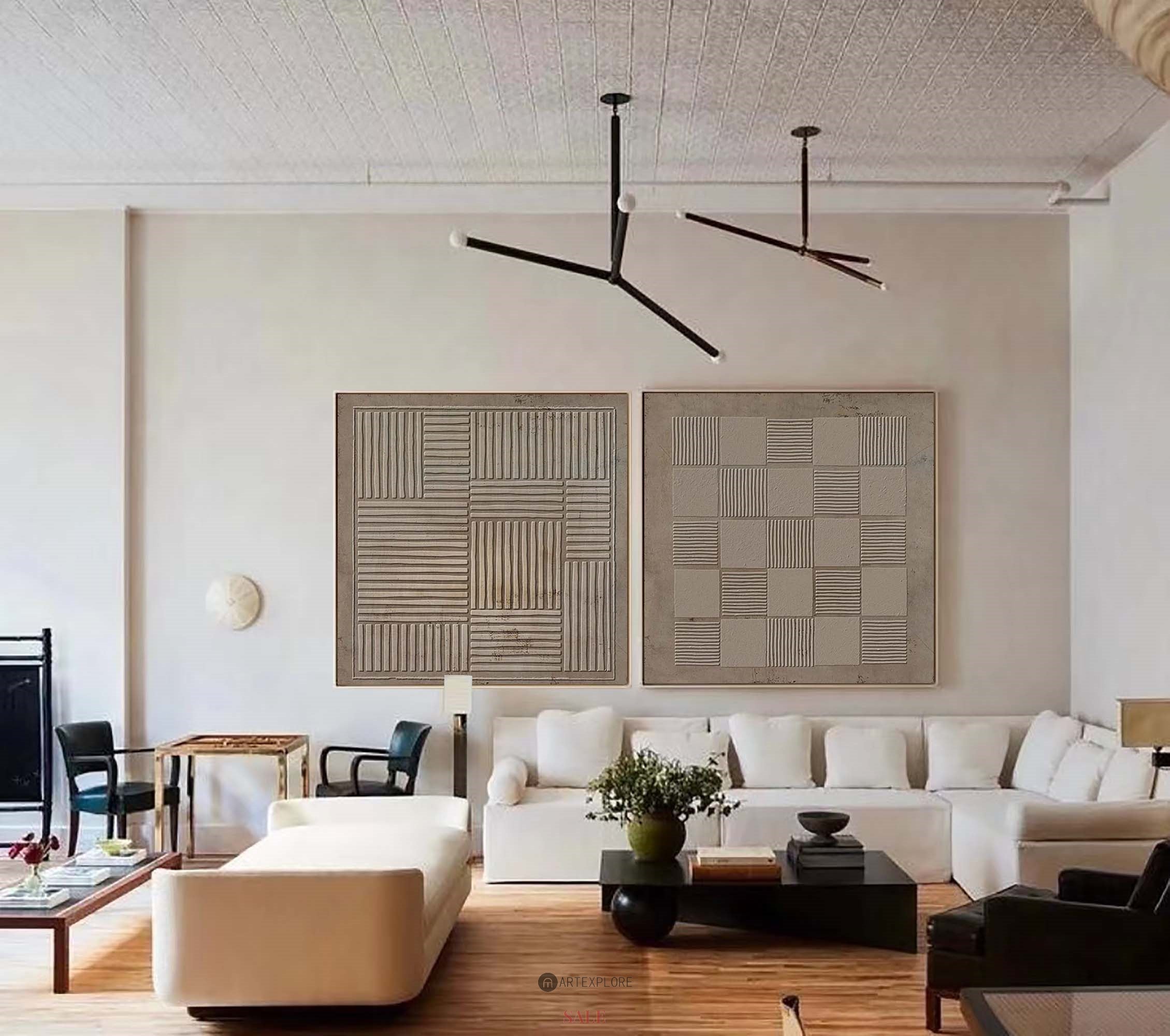 Neutral Beige‑Taupe Geometric Diptych Abstract  Raised Linear Textured Artwork