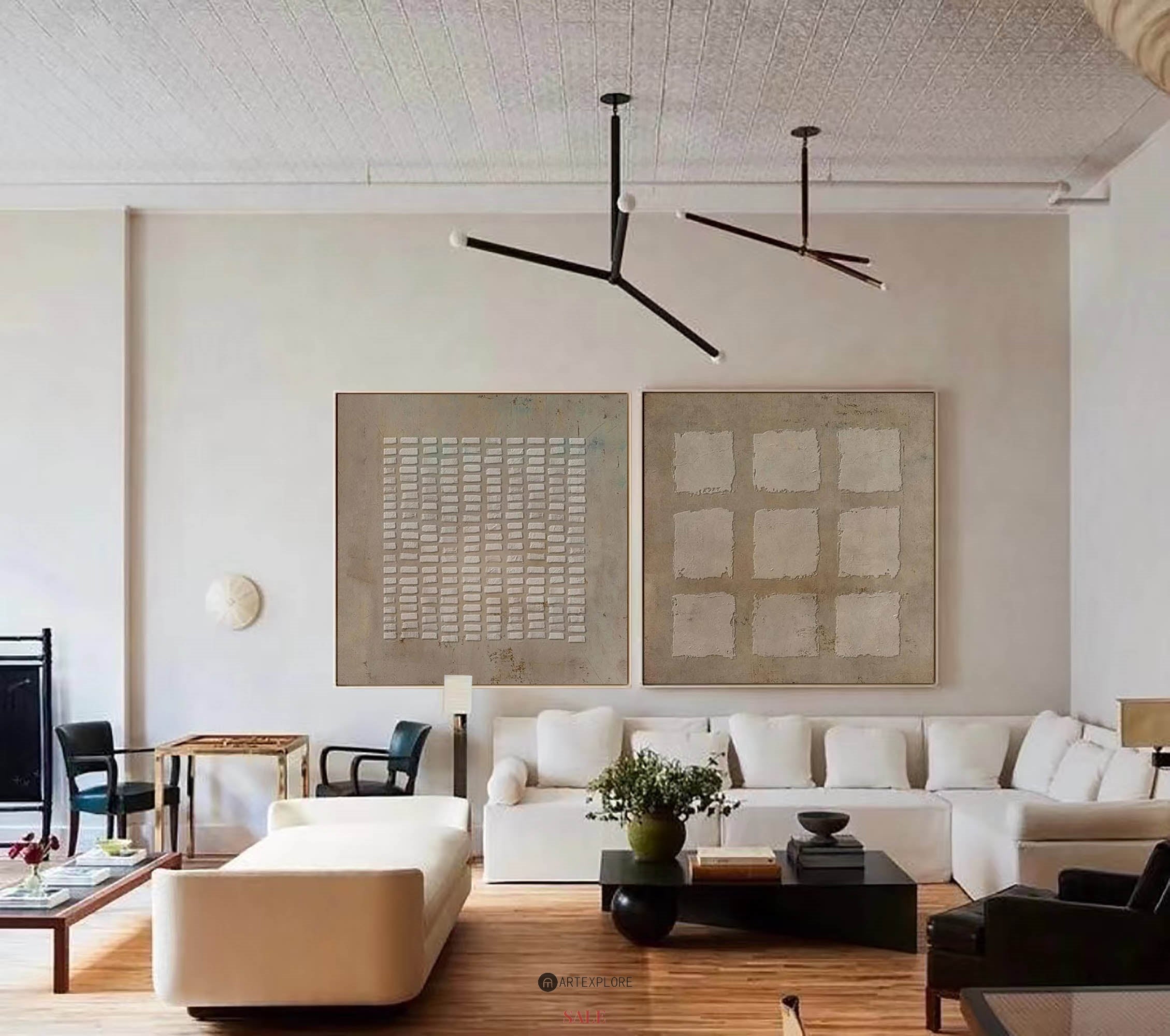 Earthy Beige‑Brown Grid‑Geometric Diptych Abstract  Embossed Textured Artwork