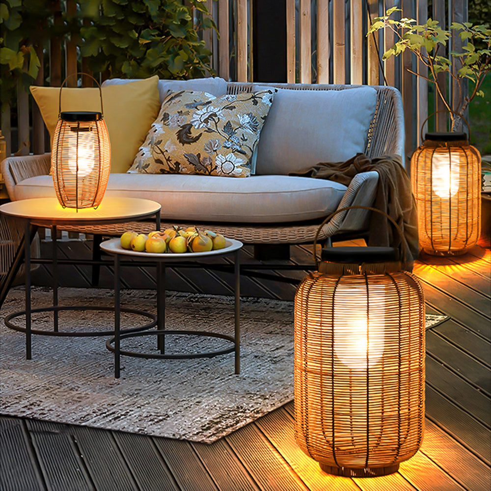 Ray Retro Lantern Metal/Rattan Floor Lamp, Wood Color - Neutralighting