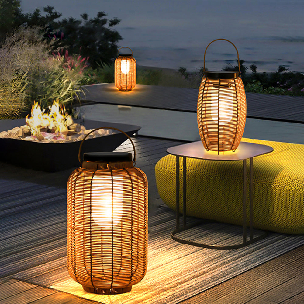 Ray Retro Lantern Metal/Rattan Floor Lamp, Wood Color - Neutralighting