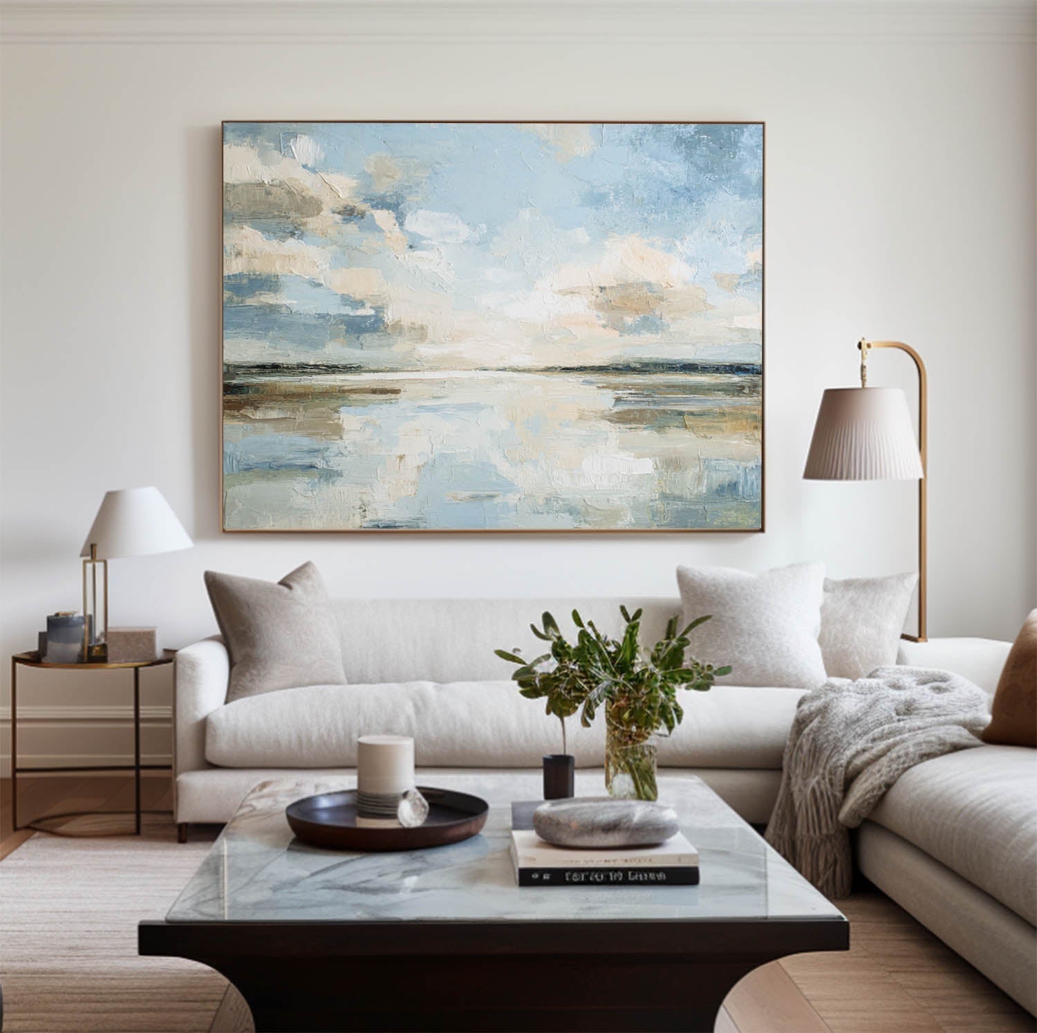 Blue‑Cream‑Beige Horizontal Impasto Abstract Coastal Seascape Artwork