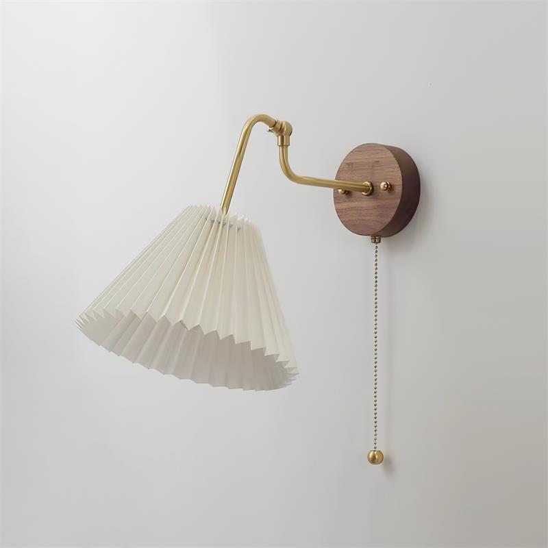 Vintage Brass & Walnut Wall Lamp with Pleated Fabric Shade - Neutralighting