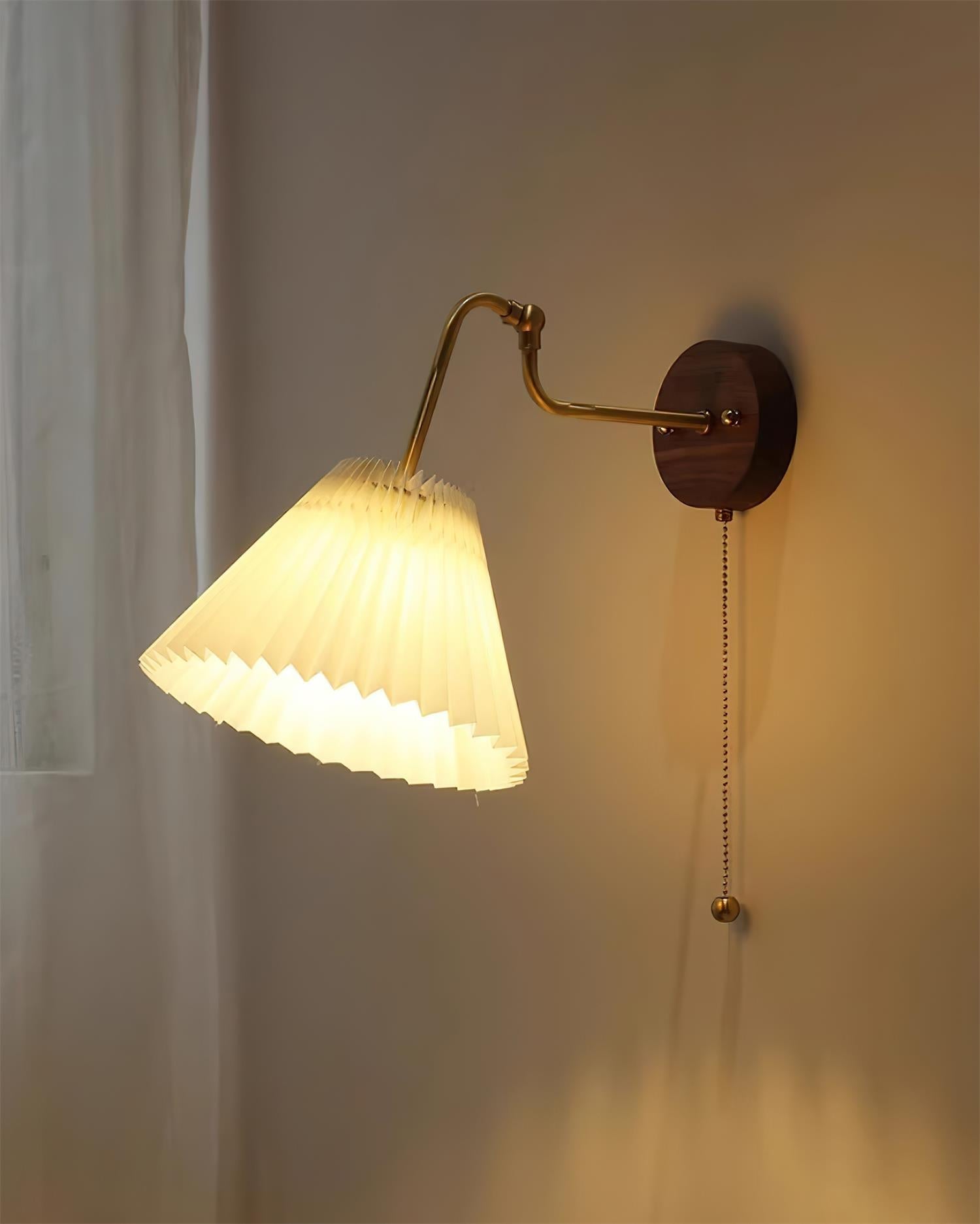 Vintage Brass & Walnut Wall Lamp with Pleated Fabric Shade - Neutralighting
