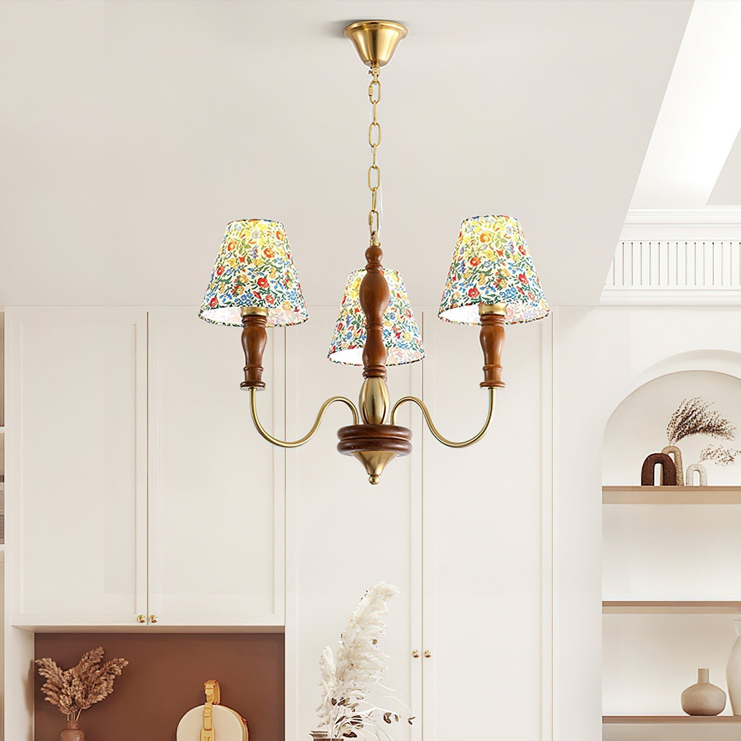 Florinda Floral Fabric Shade Chandelier with Wooden Arms - Neutralighting