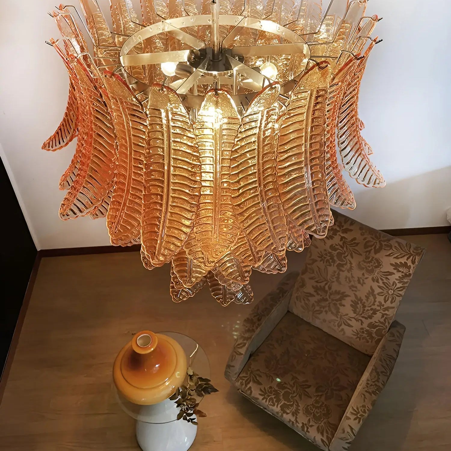 Aurora Chandelier Amber Murano Glass Leaves Layered