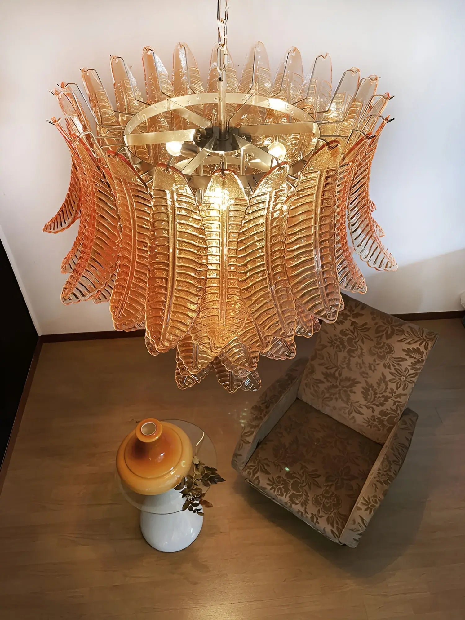 Aurora Chandelier Amber Murano Glass Leaves Layered