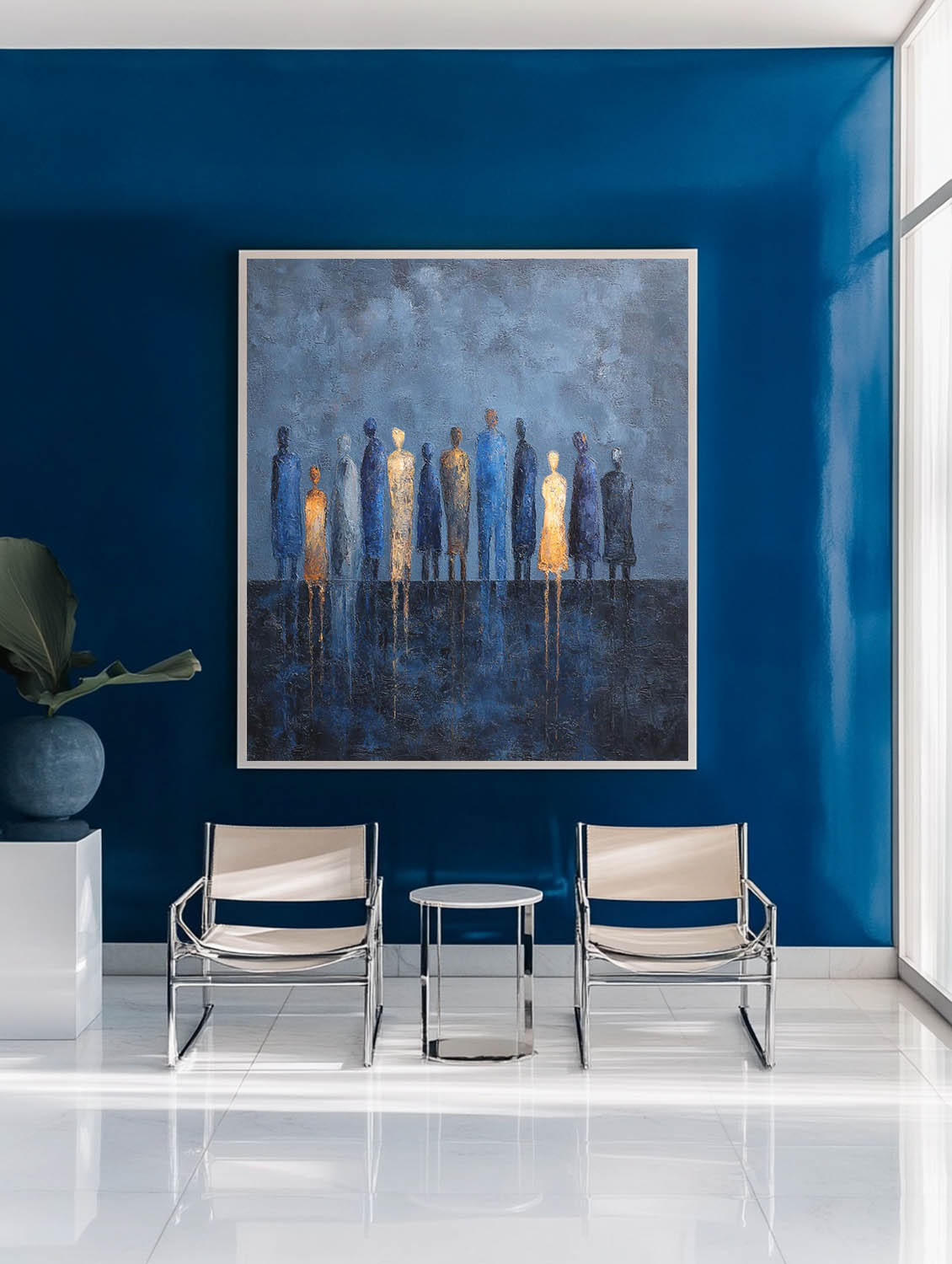 Navy‑Blue‑Gold Vertical Stylized Group‑Figure Textured Artwork