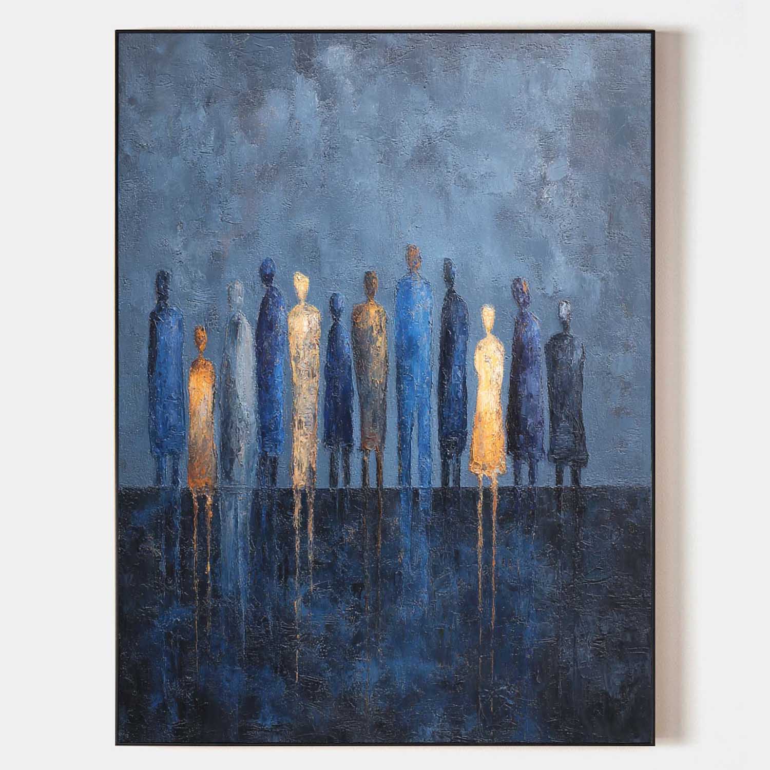 Navy‑Blue‑Gold Vertical Stylized Group‑Figure Textured Artwork