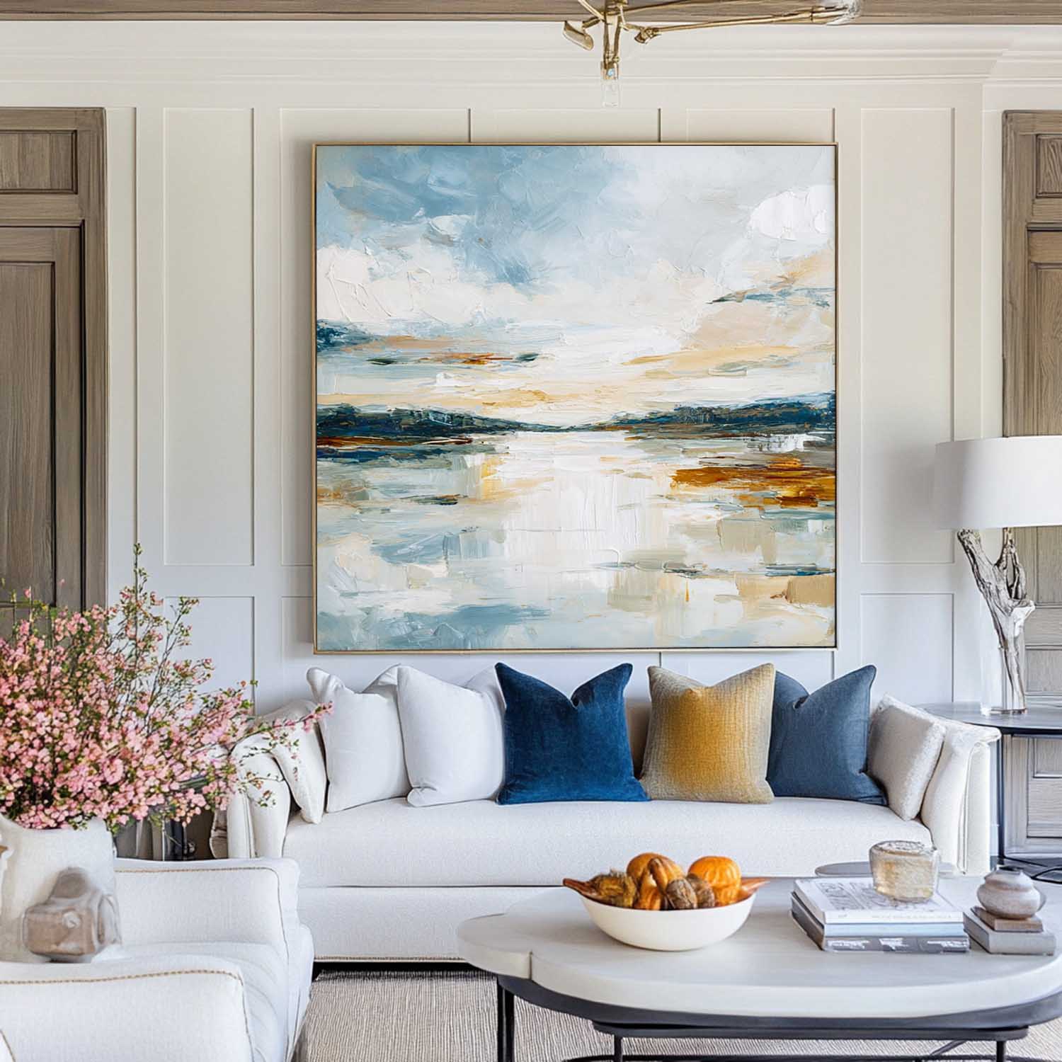 Blue‑White‑Ochre Vertical Abstract Coastal Impasto Textured Artwork
