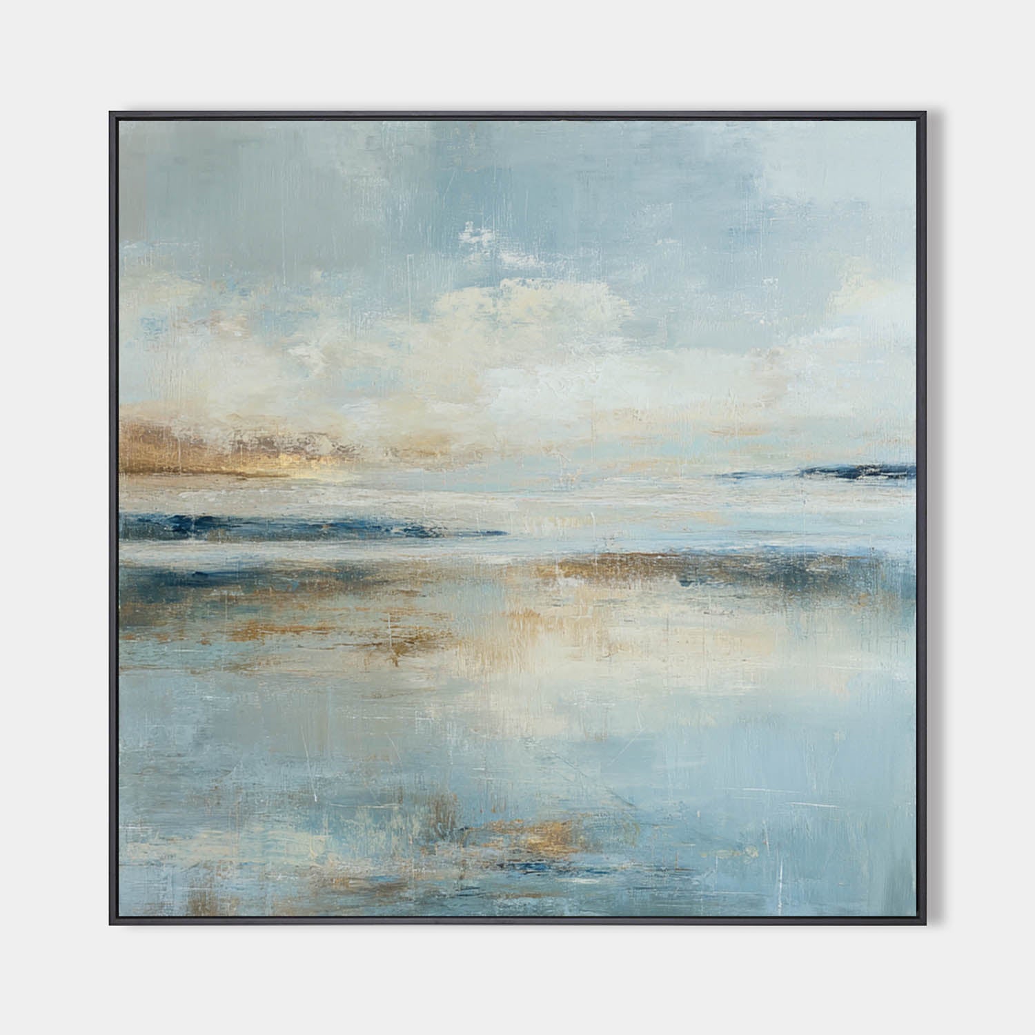 Blue‑Beige‑Gold Square Abstract Coastal Seascape Textured Artwork